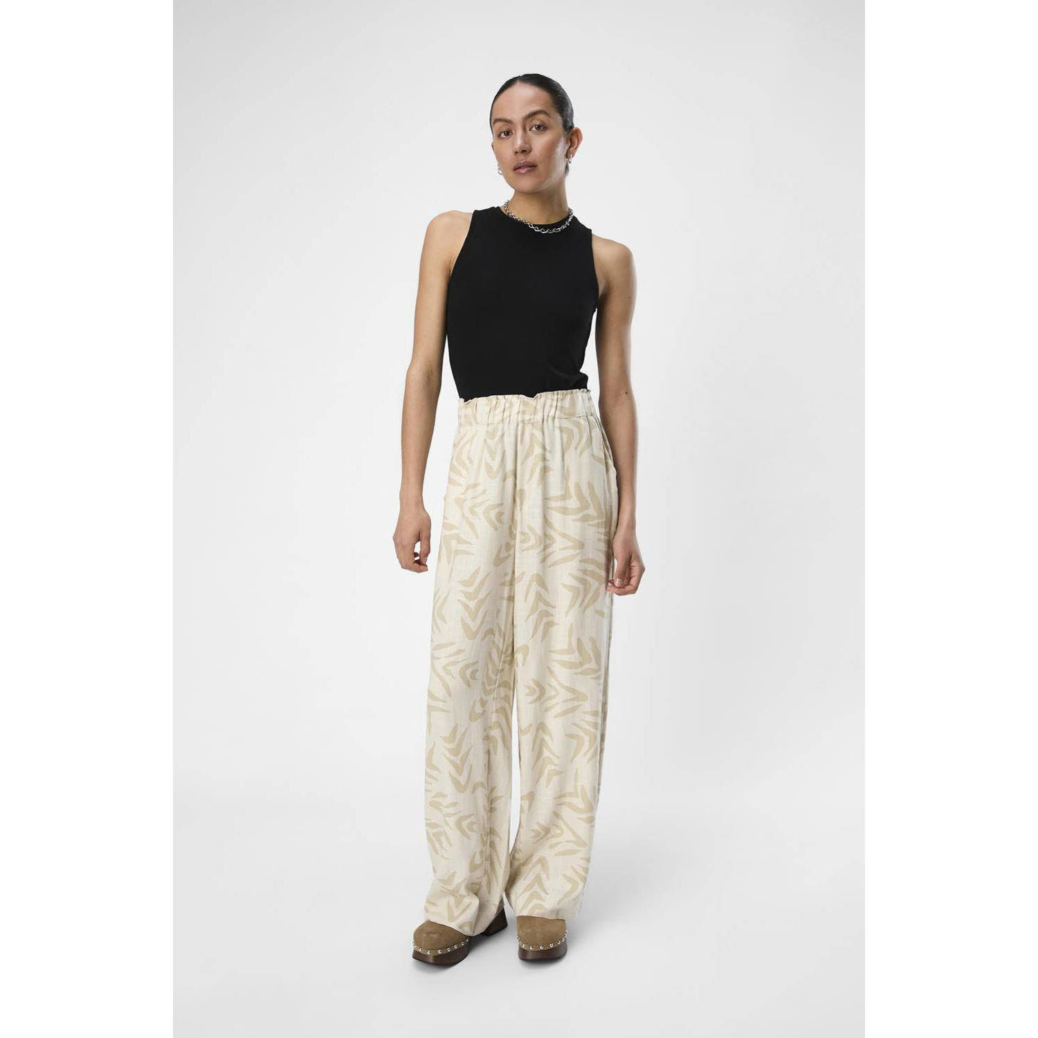 OBJECT wide leg broek OBJEMIRA met all over print beige
