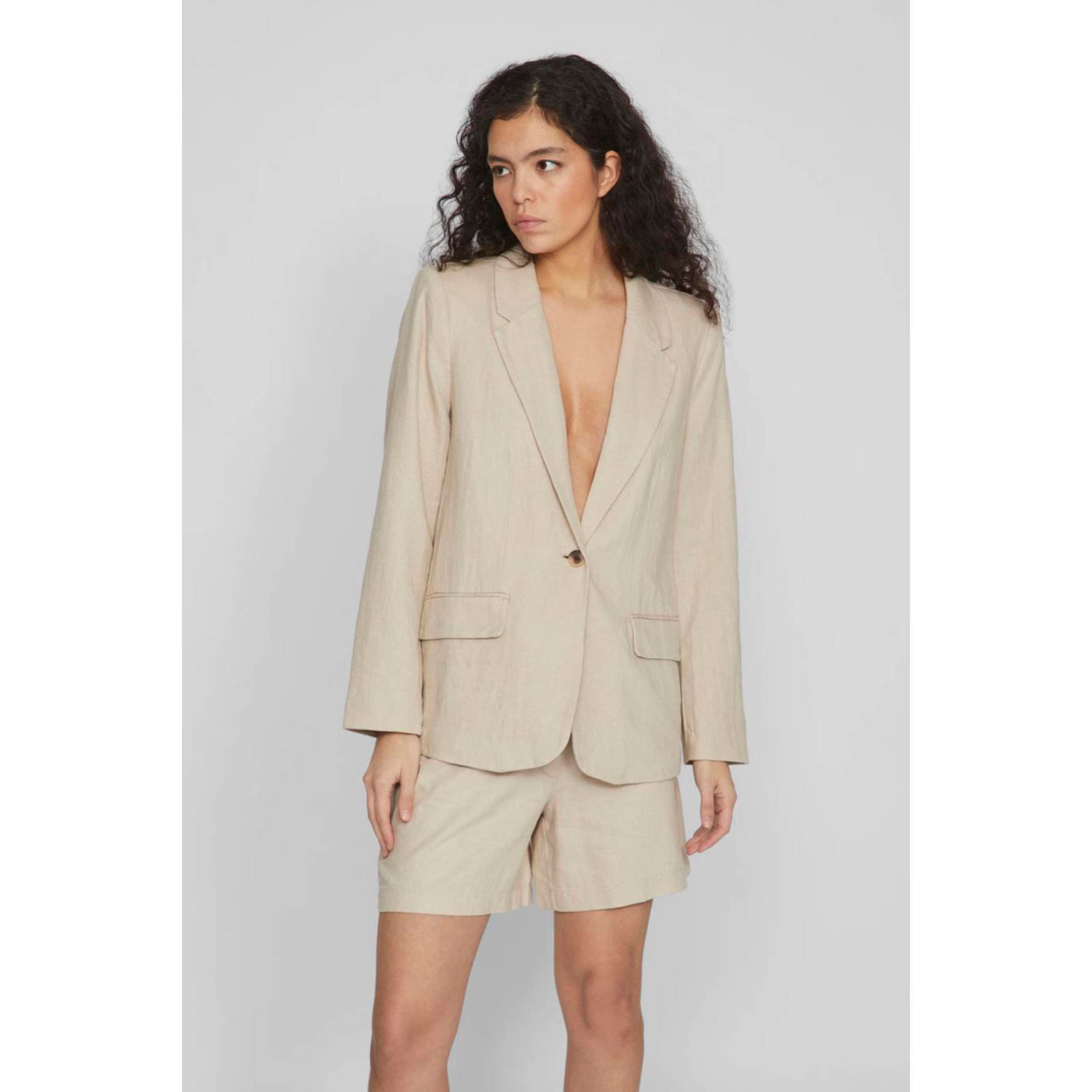 Vila Regular fit blazer van een mix van linnen en viscose met klepzakken