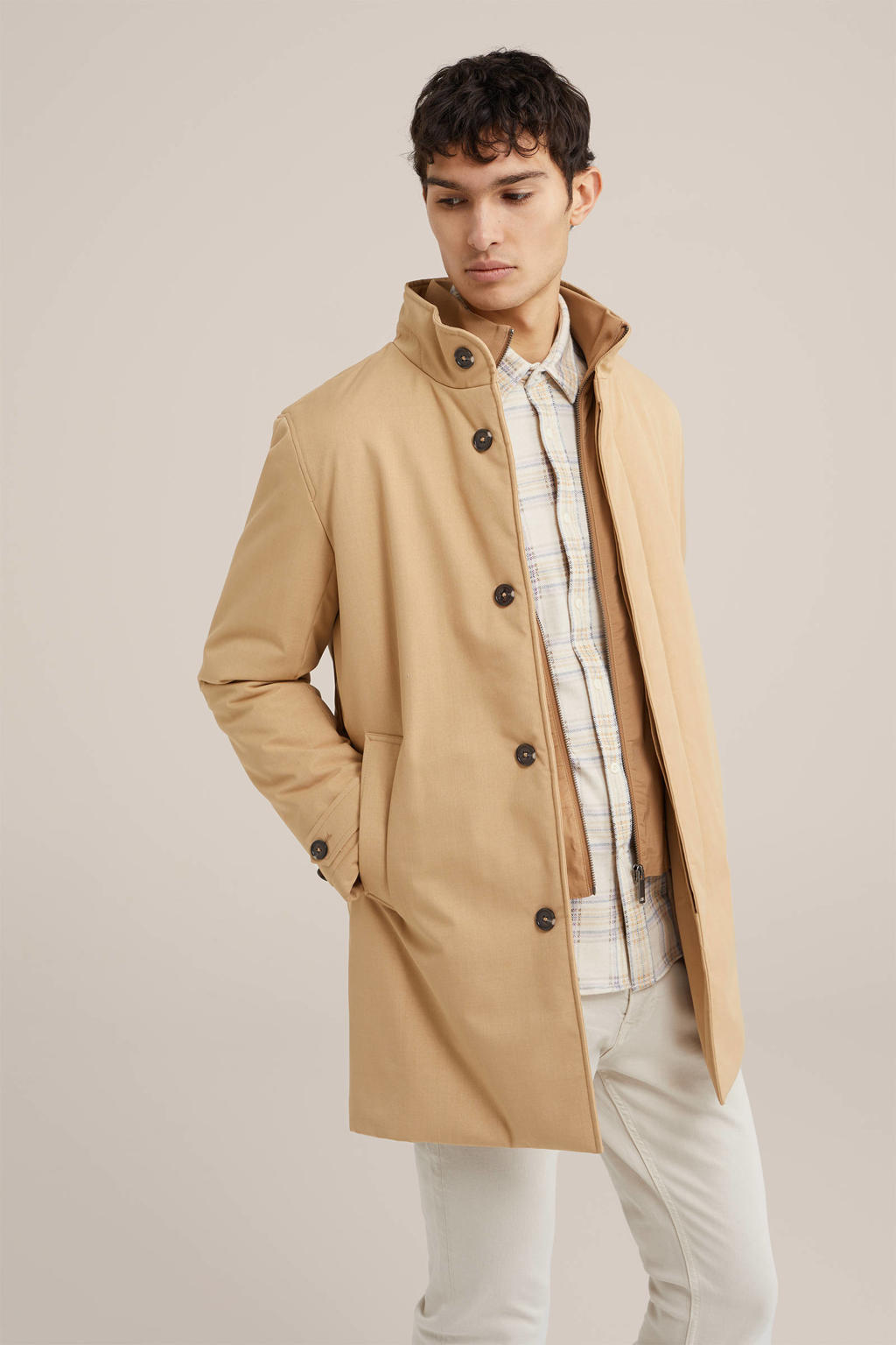 Beige heren WE Fashion jas van polyester met effen, lange mouwen, opstaande kraag en rits- en knoopsluiting