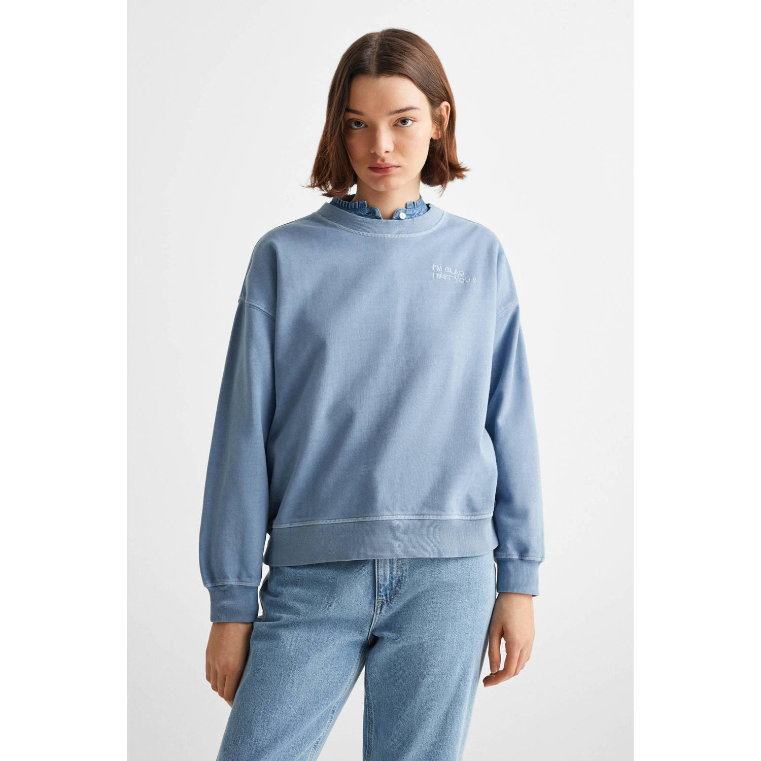 Mango Kids sweater met tekst lichtblauw