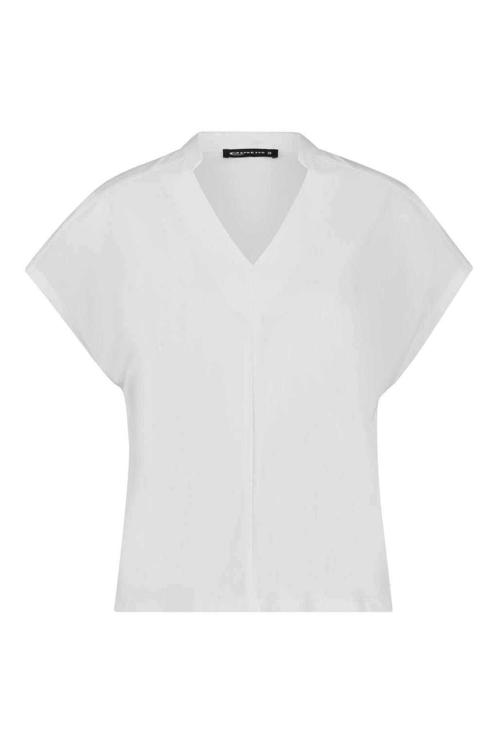 Witte dames Expresso top van travelstof met effen, korte mouwen en V-hals