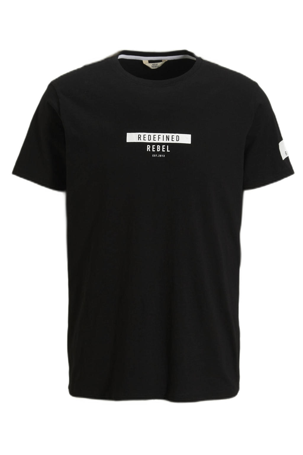 Zwarte heren Redefined Rebel T-shirt RRGuti van katoen met logo dessin, korte mouwen en ronde hals