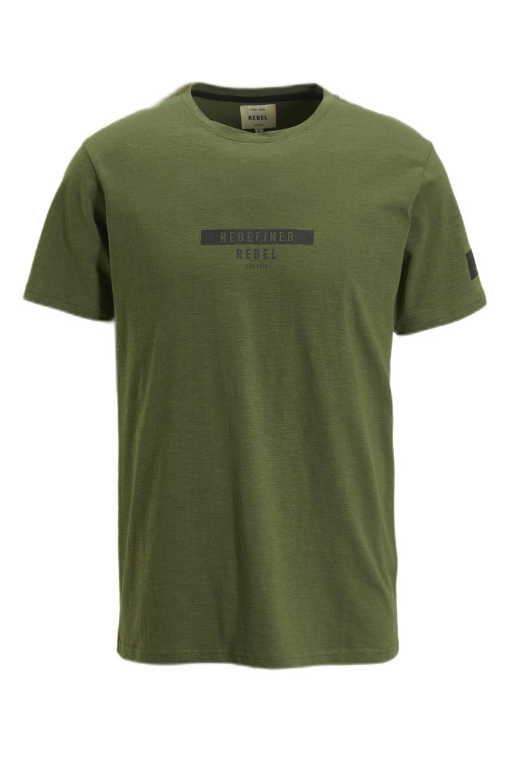 Groene heren Redefined Rebel T-shirt RRGuti van katoen met logo dessin, korte mouwen en ronde hals