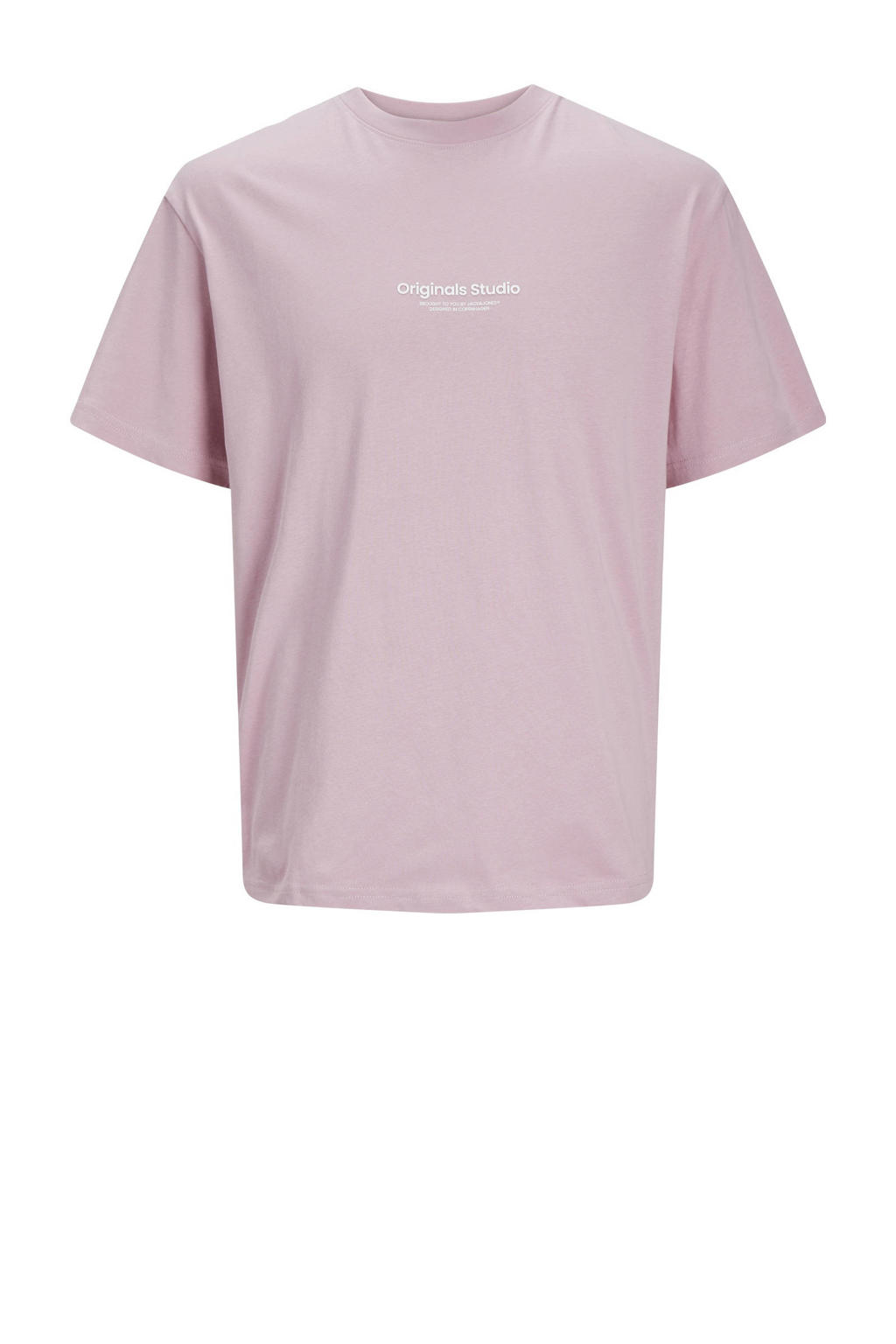 Lichtroze jongens JACK & JONES JUNIOR T-shirt van katoen met tekst print, korte mouwen en ronde hals