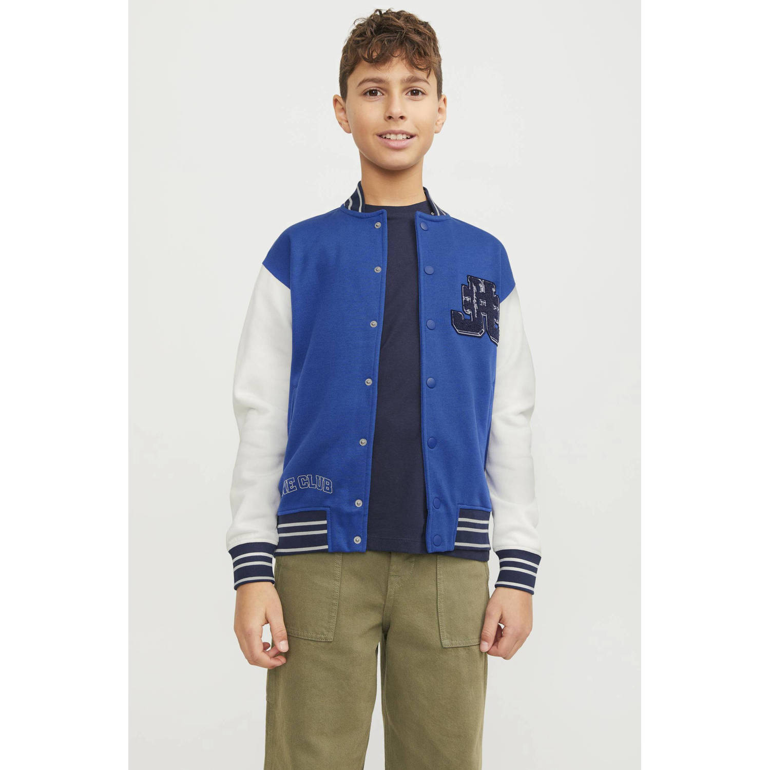 JACK & JONES JUNIOR sweatvest JORCOLE VARSITY hardblauw wit