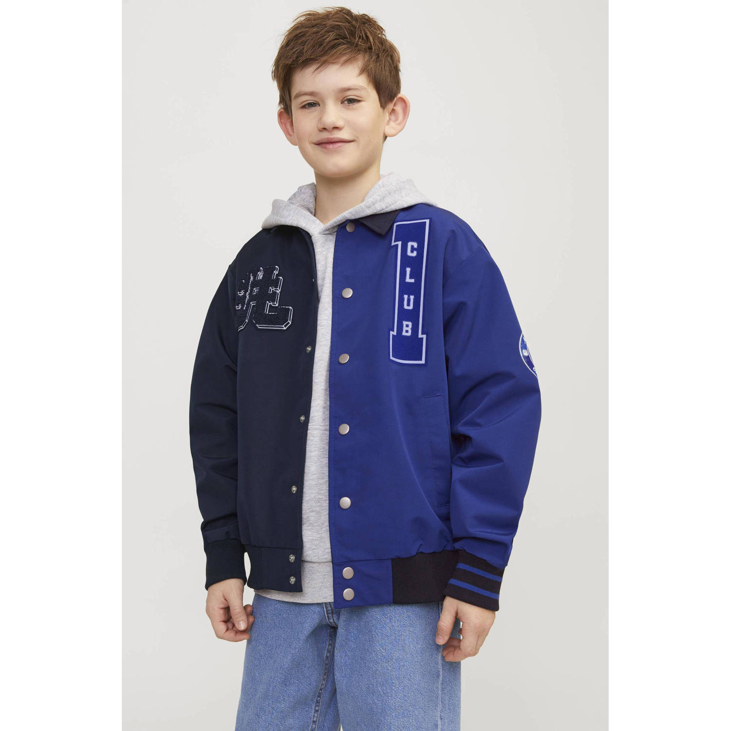 Jack & jones JUNIOR bomberjack zomer JORECOLE met printopdruk en 3D applicatie donkerblauw blauw Jas Jongens Polyester Klassieke kraag 164