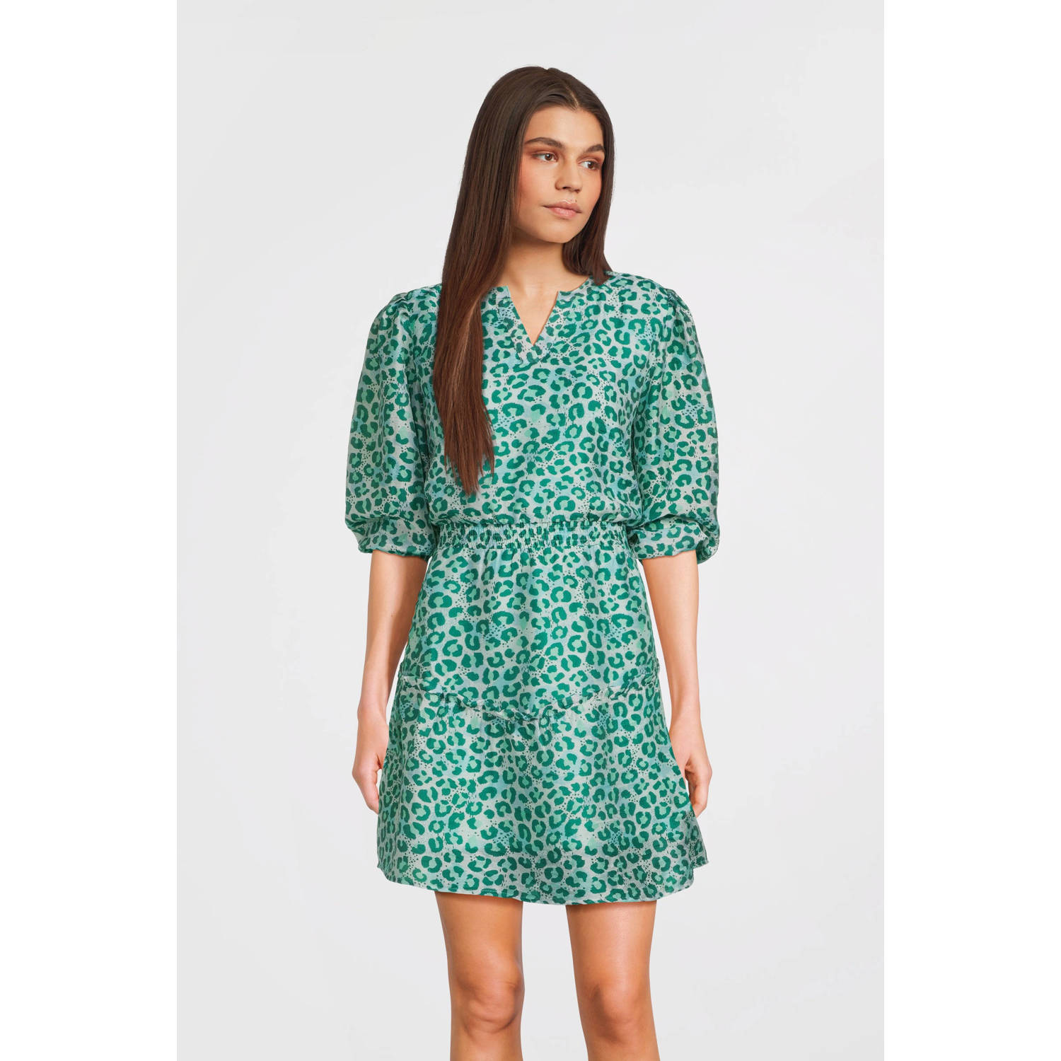 AI&KO jurk met dierenprint groen Meisjes Tencel Ronde hals Dierenprint 152