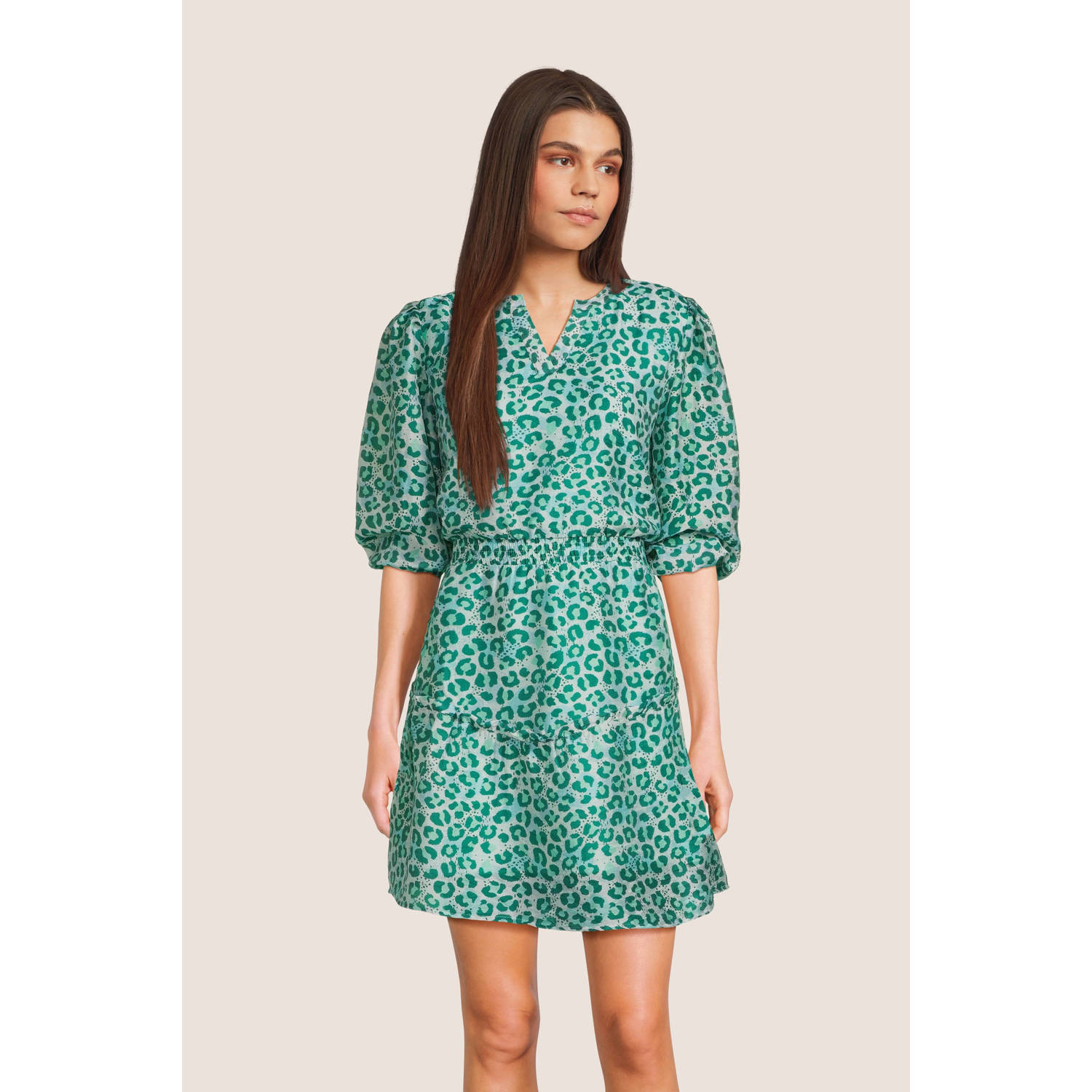 AI&KO jurk met dierenprint groen Meisjes Tencel Ronde hals Dierenprint 176