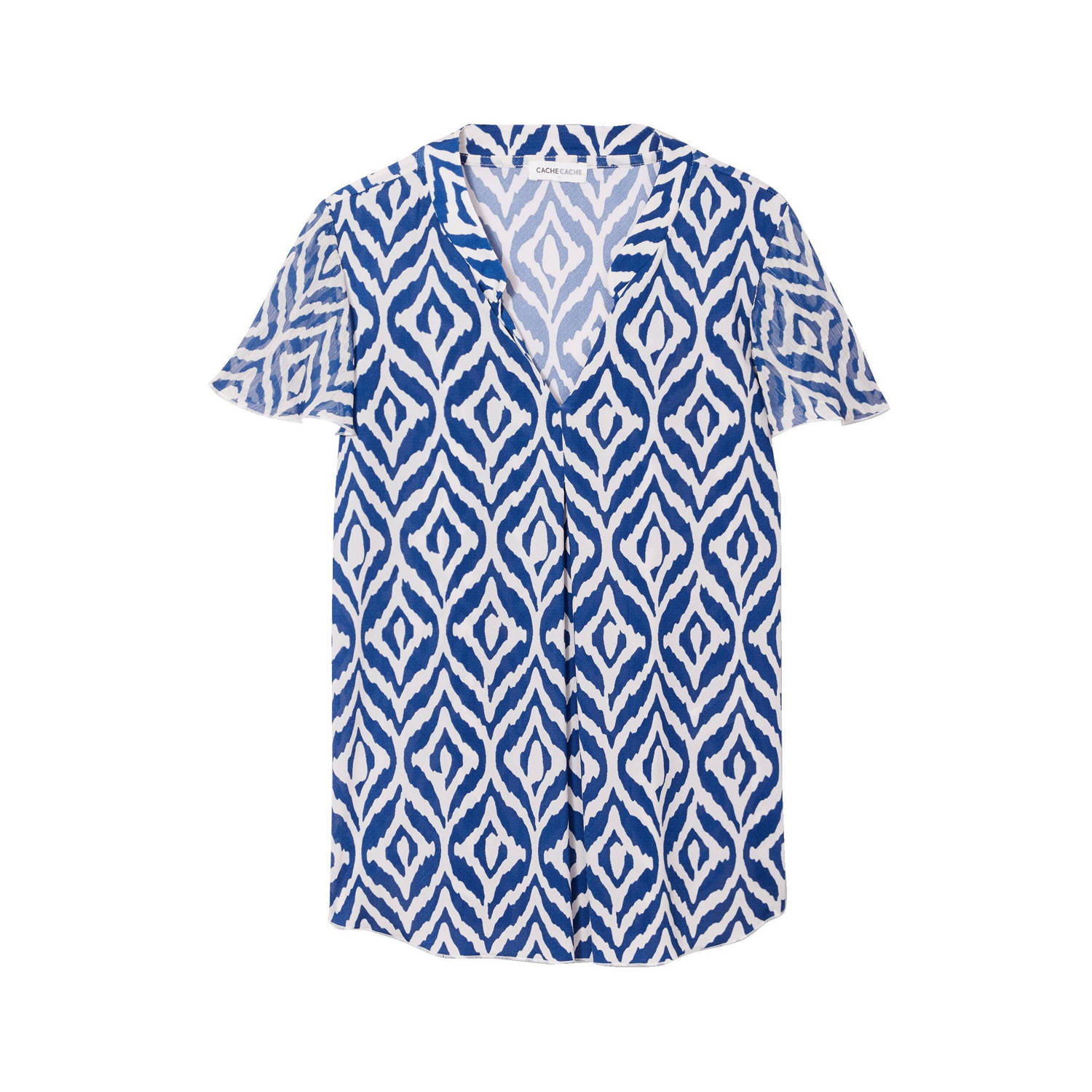 Cache semi-transparante top met all over print blauw ecru