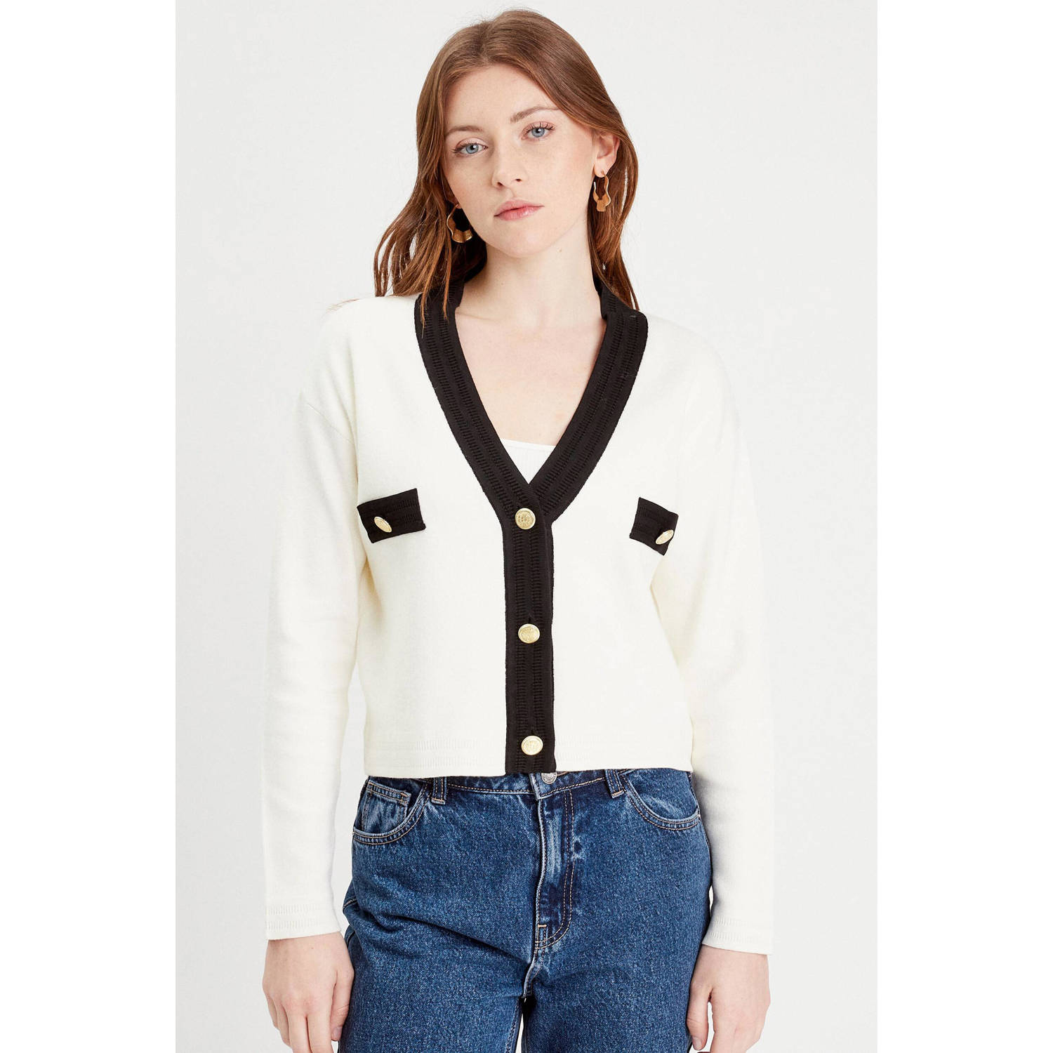 Cache vest met contrastbies ecru zwart