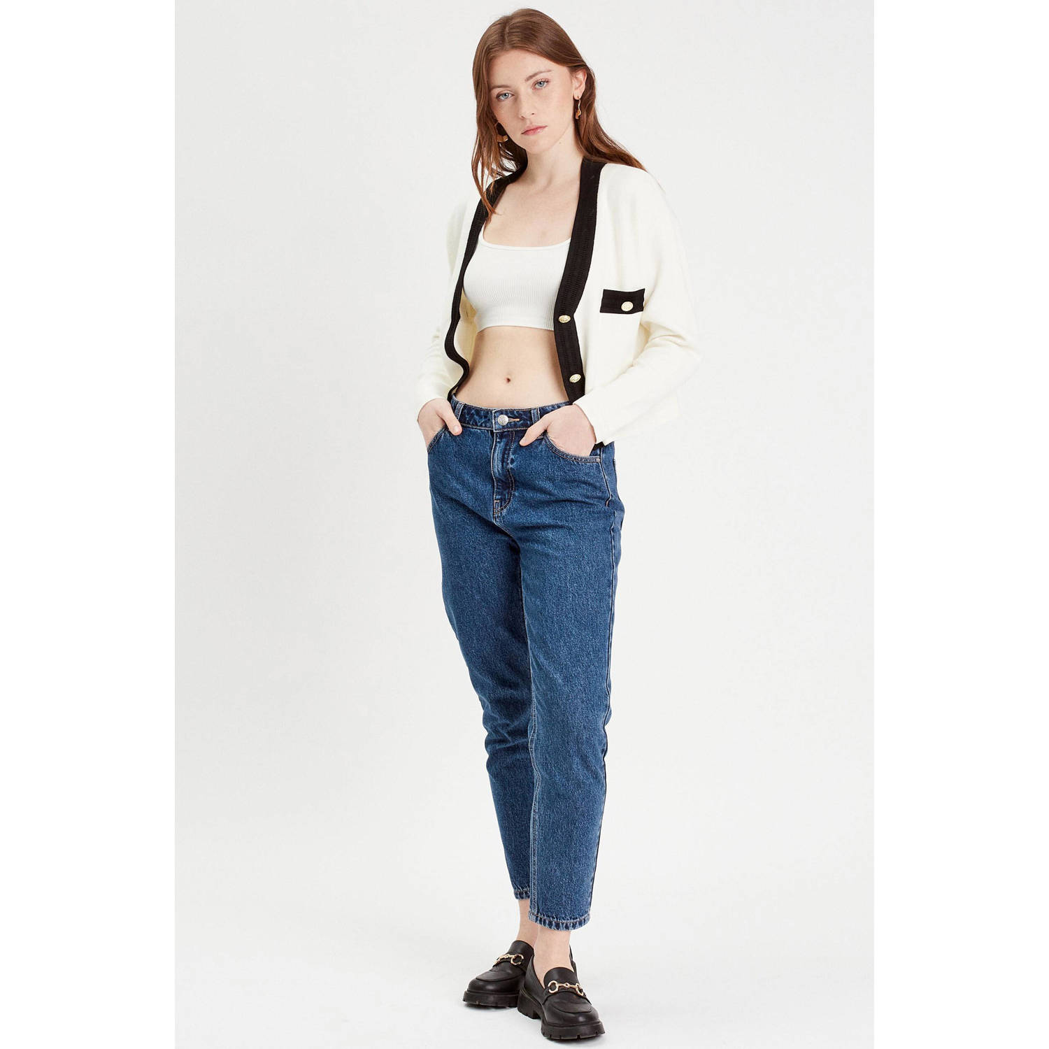 Cache vest met contrastbies ecru zwart