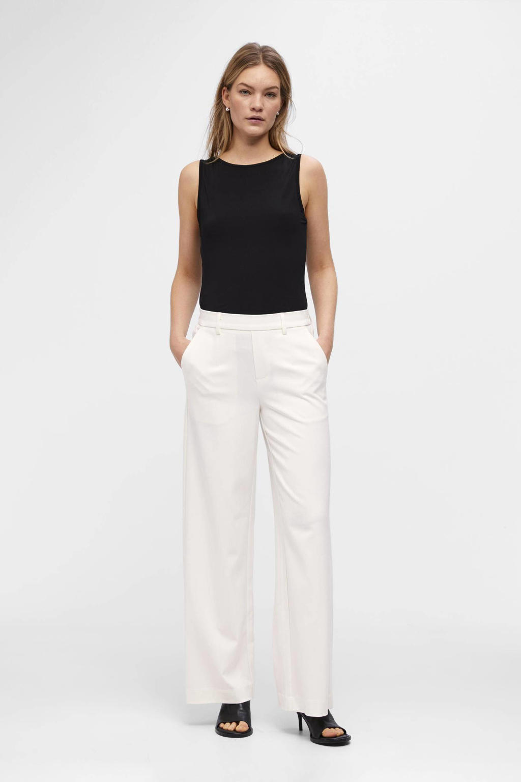 Witte dames OBJECT wide leg pantalon van polyester met regular waist, elastische tailleband en effen