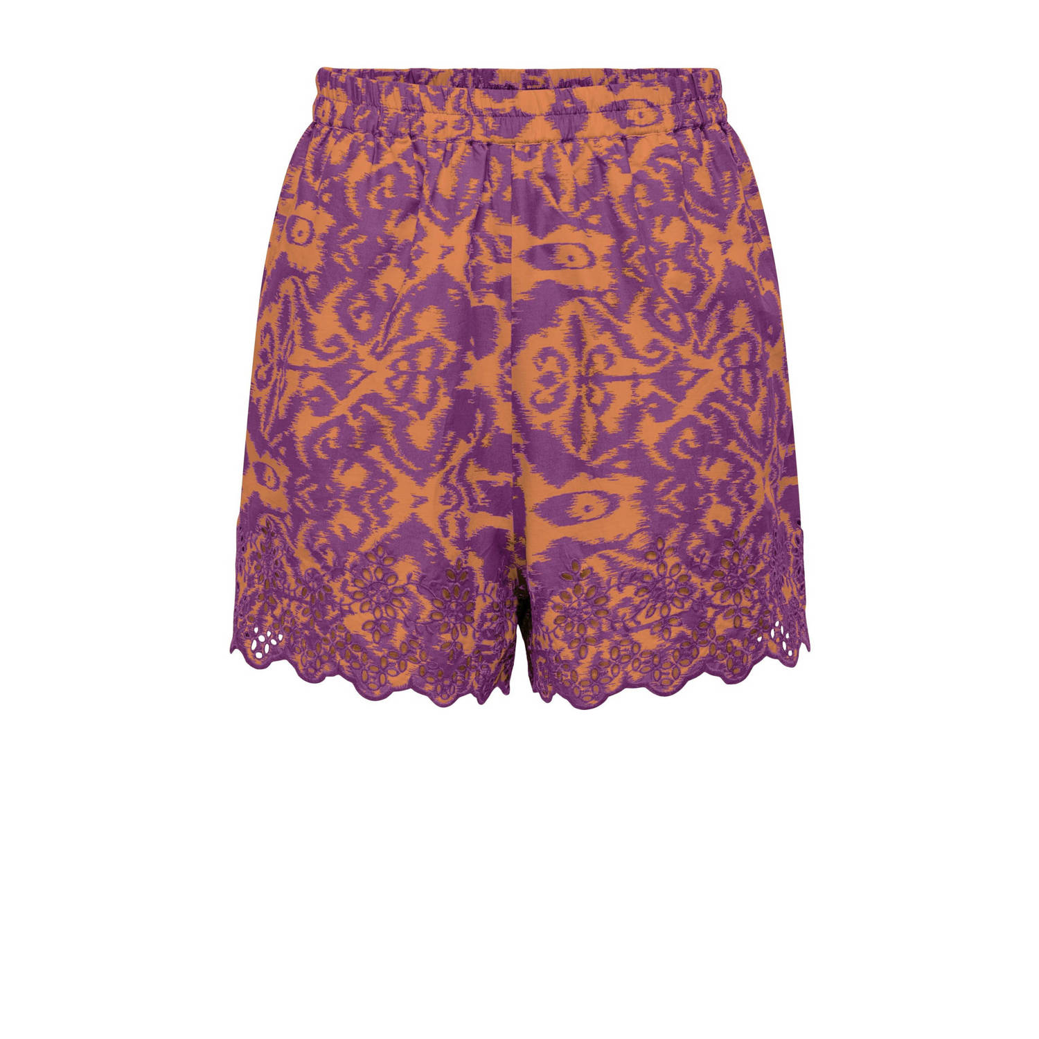 ONLY loose fit short met all over print en borduursels paars oranje