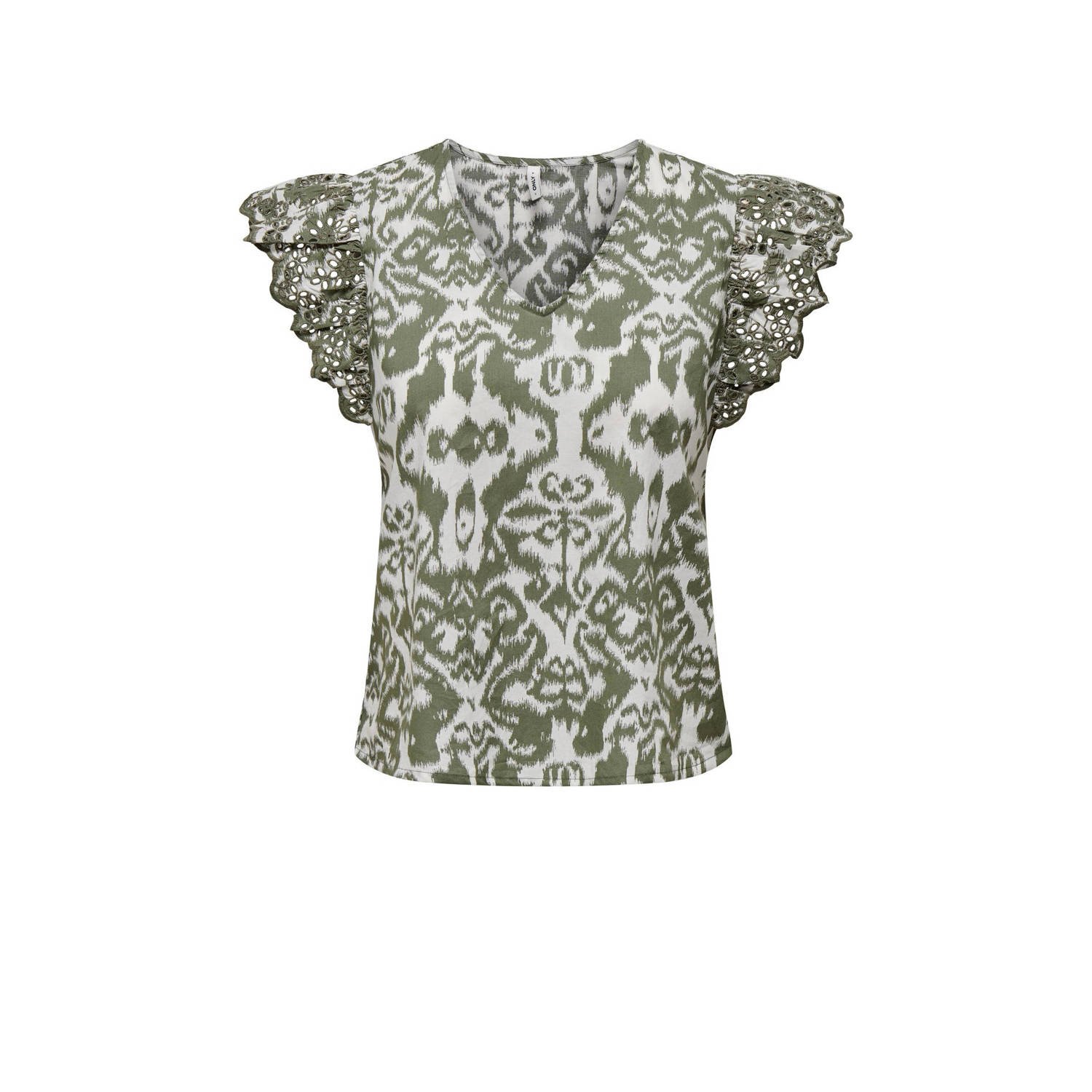 ONLY blousetop ONLLOU met all over print en ruches groen ecru