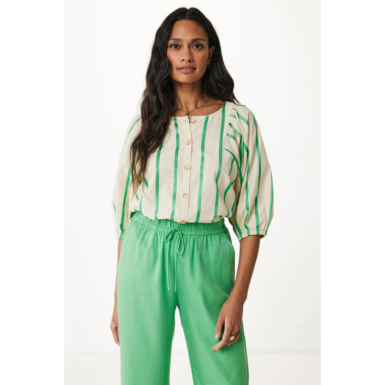 Mexx gestreepte blouse crème groen