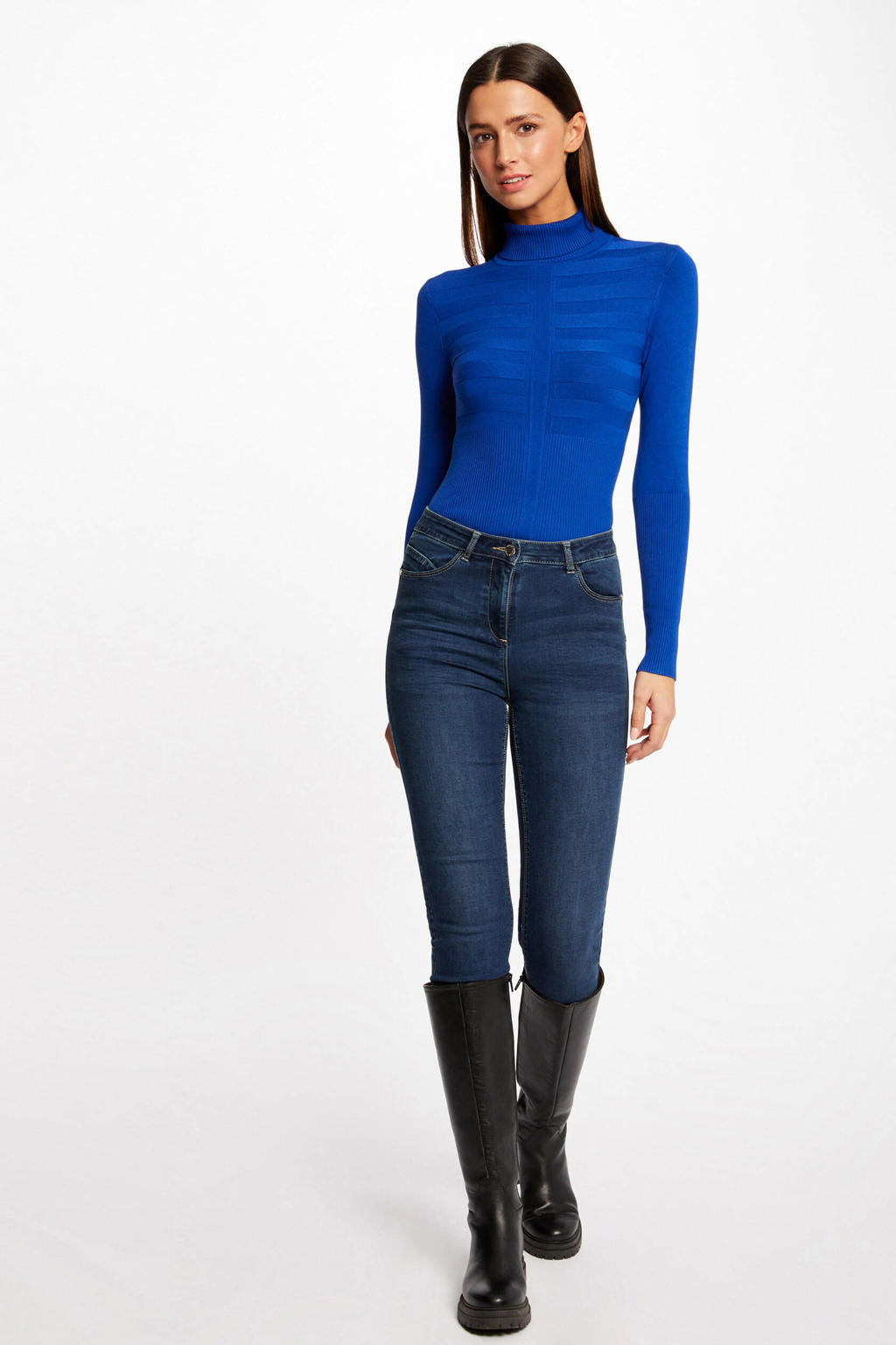 Blauwe dames Morgan top patroon van viscose met effen en lange mouwen