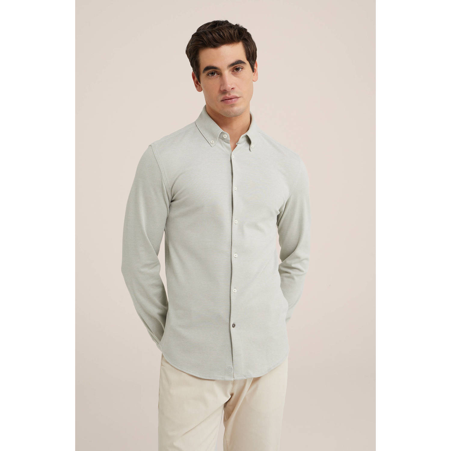WE Fashion gebreid slim fit overhemd moss green
