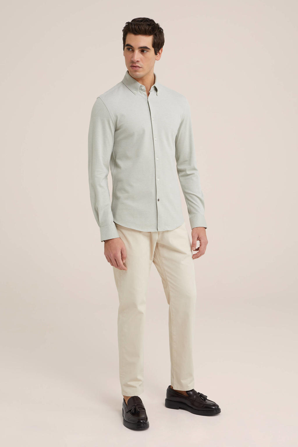 Lichtgroene heren WE Fashion gebreid slim fit overhemd van katoen met effen, lange mouwen en button down sluiting