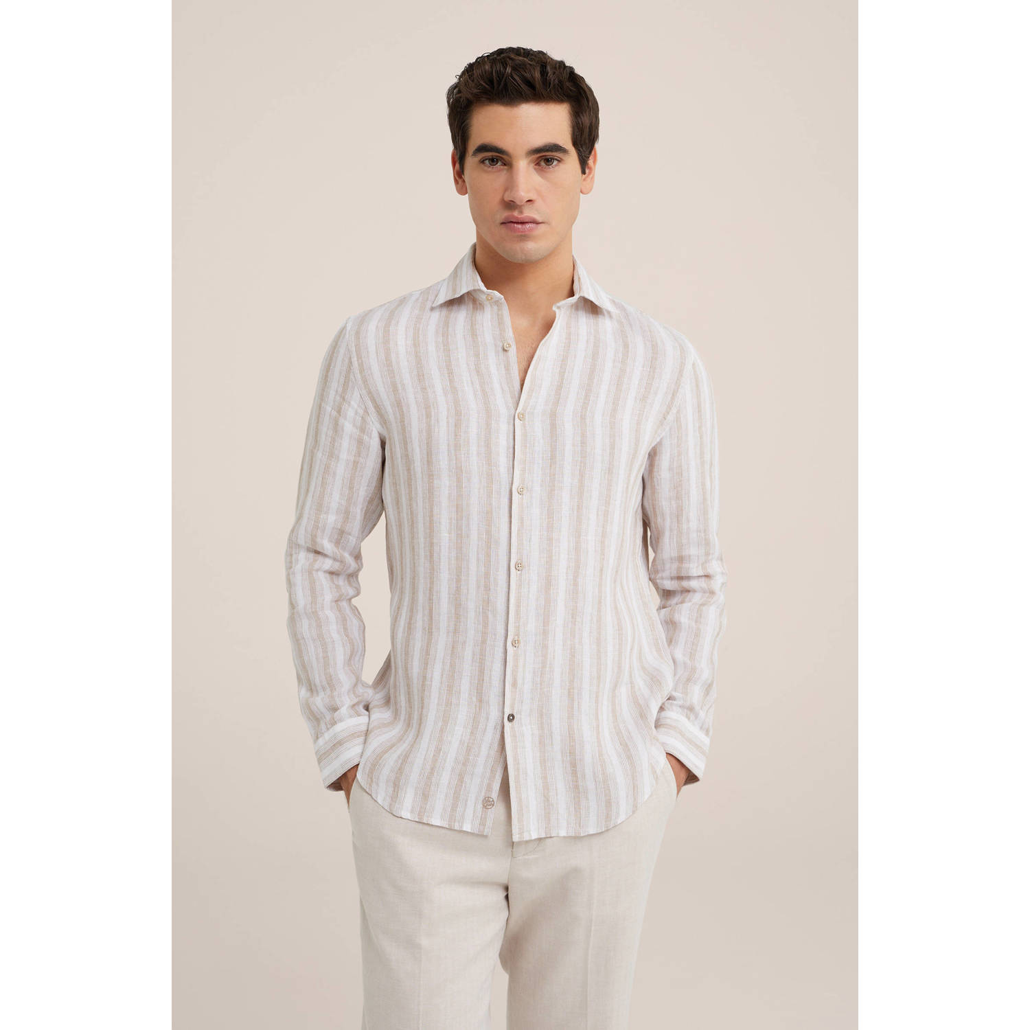 Van Gils gestreept slim fit overhemd beige wood