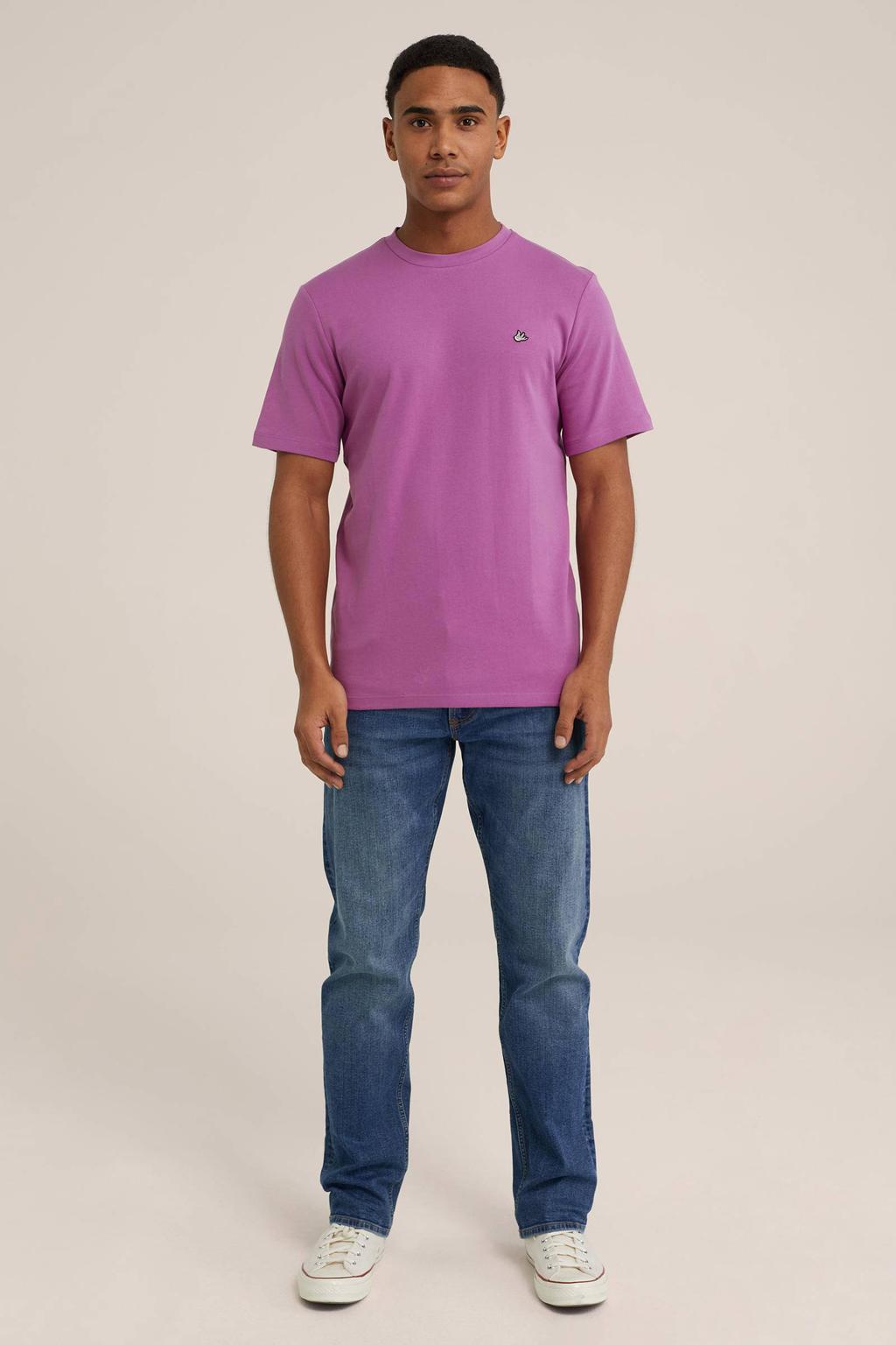 Fuchsia heren WE Fashion slim fit T-shirt van katoen met logo dessin, korte mouwen en ronde hals