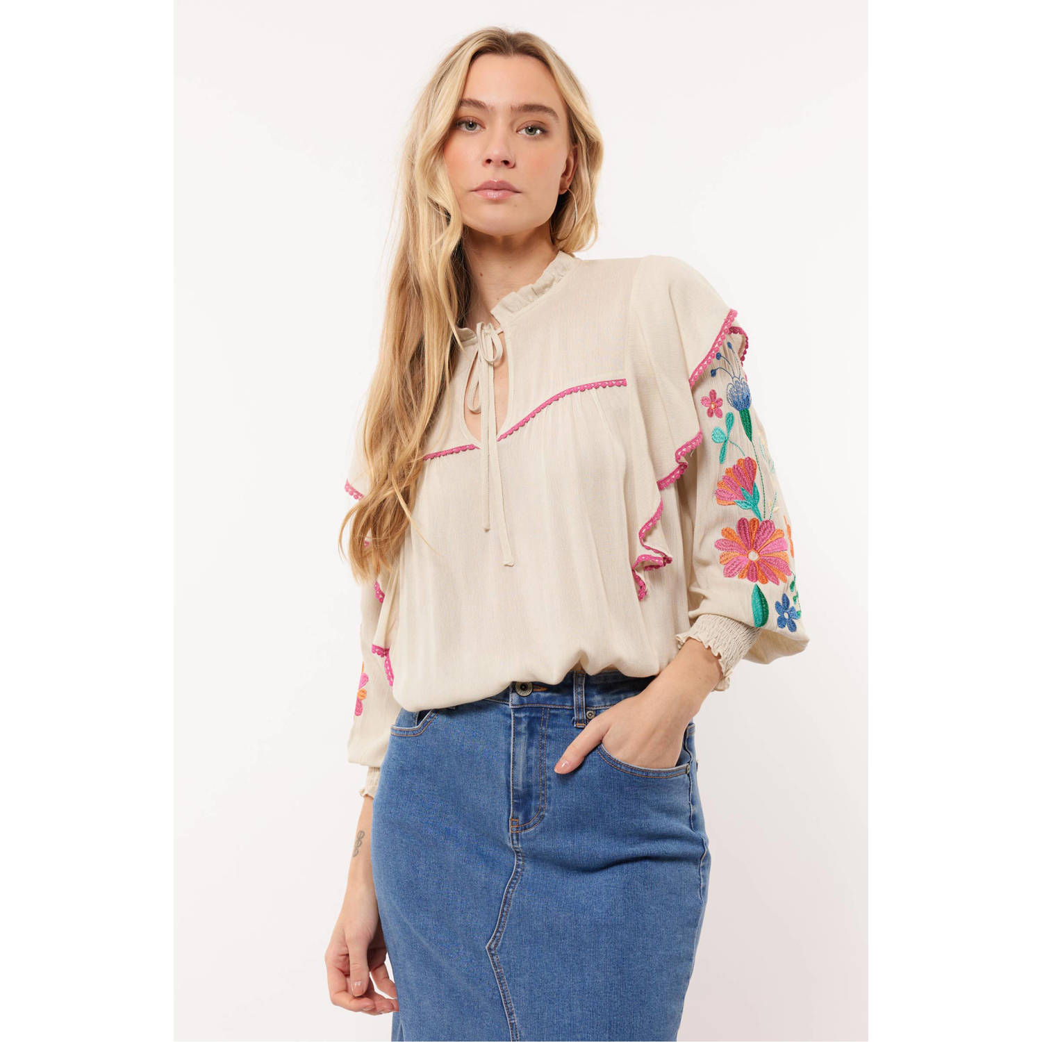 FLURESK gebloemde blousetop Kennedy beige roze blauw