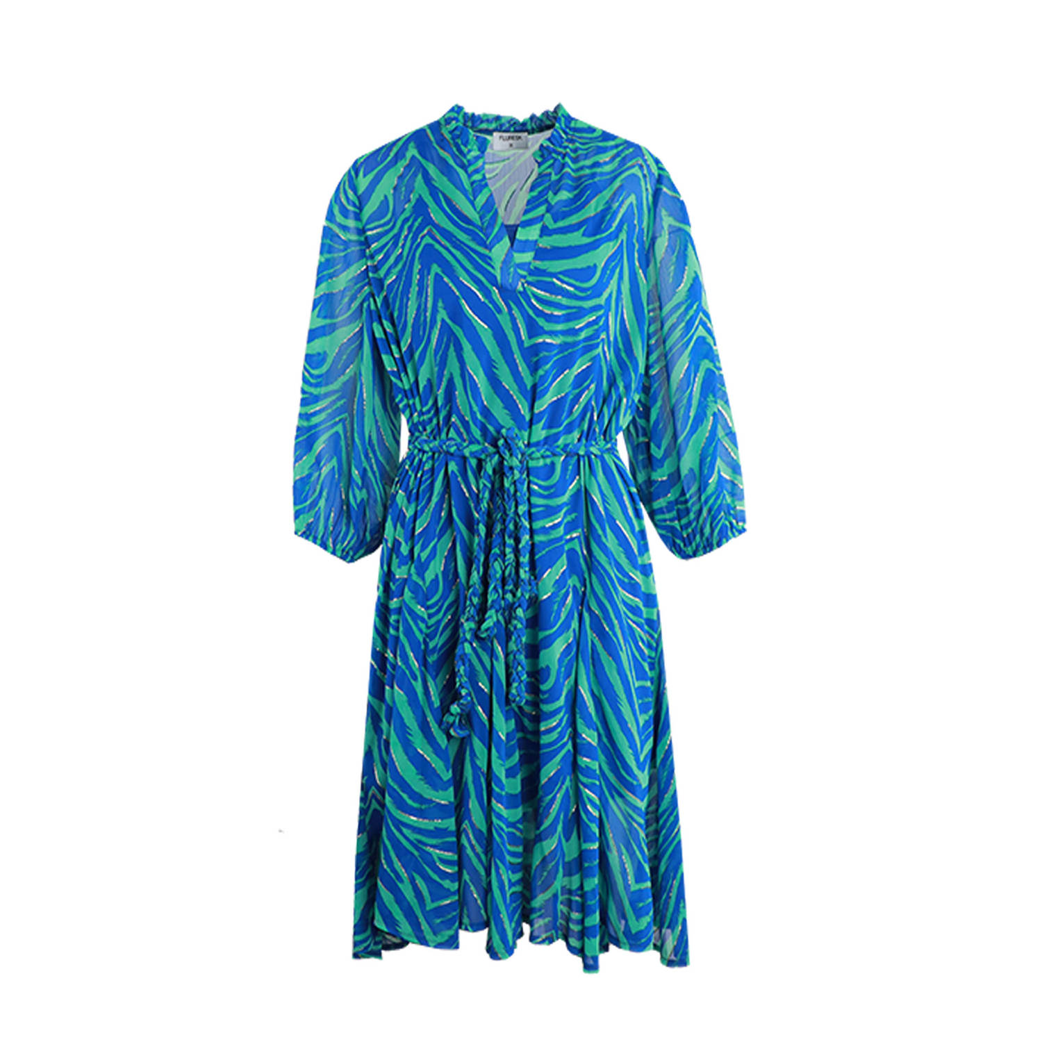 FLURESK semi-transparante jurk Millie met dierenprint en ceintuur blauw groen