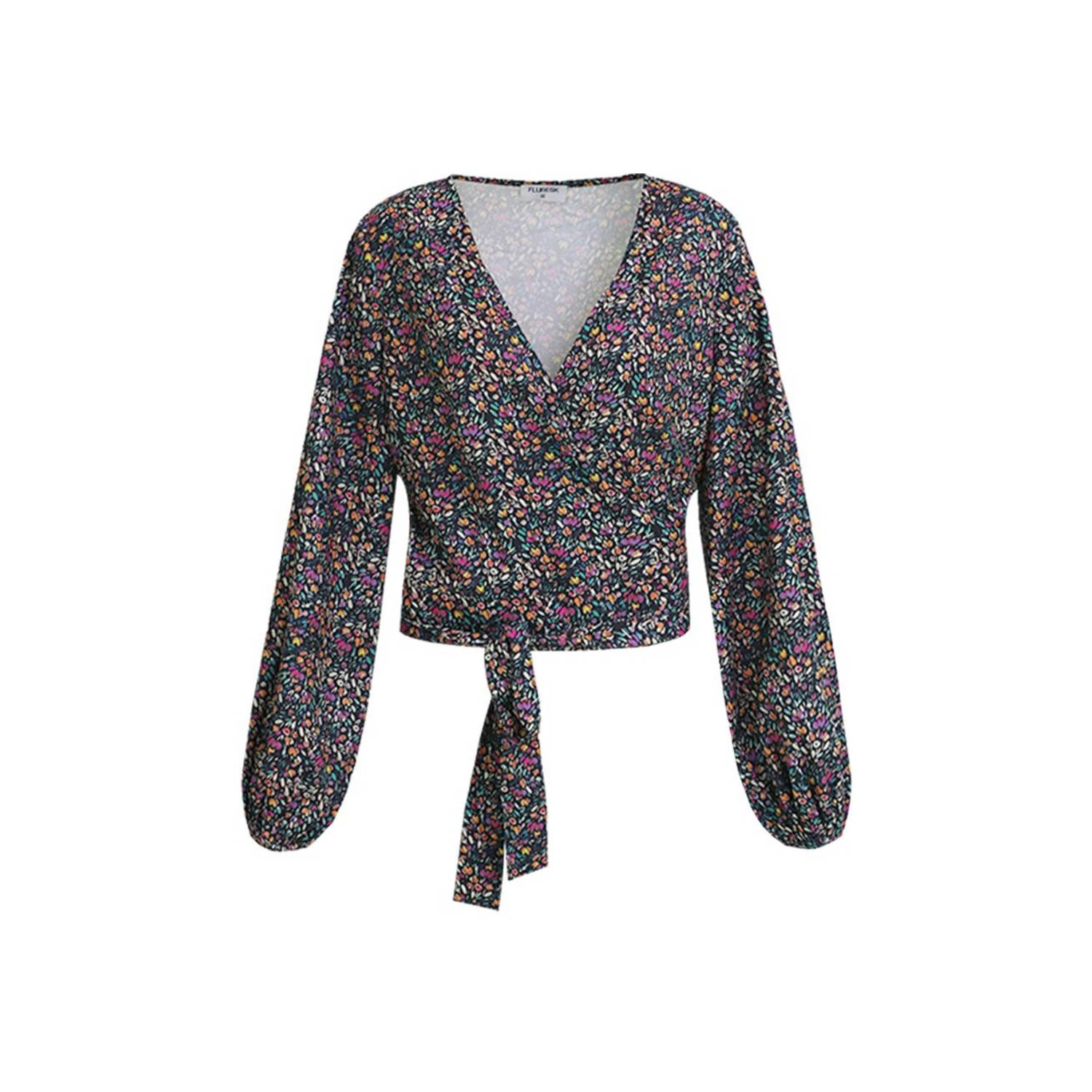 FLURESK overslag top Cassia met all over print en overslag detail zwart fel roze