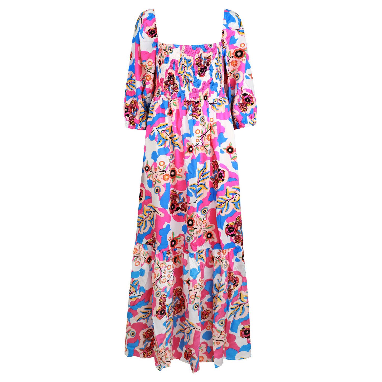 FLURESK x Wehkamp&Co x Wehkamp&Co gebloemde maxi jurk Daph blauw roze