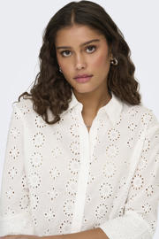 thumbnail: Witte dames JDY blouse van katoen met effen, driekwart mouwen, klassieke kraag, knoopsluiting en geweven detail