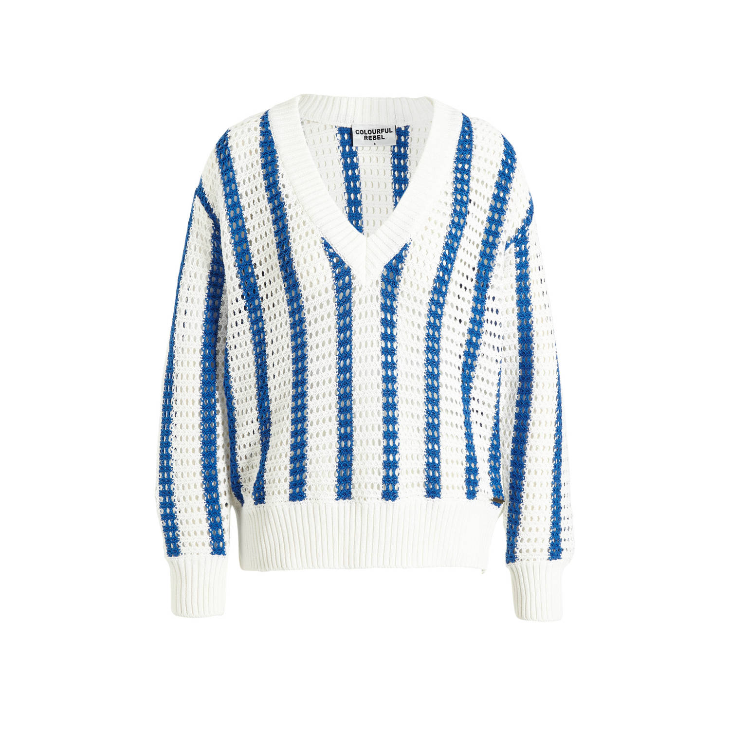 Colourful Rebel gestreepte semi-transparante crochet trui Lizza blauw wit