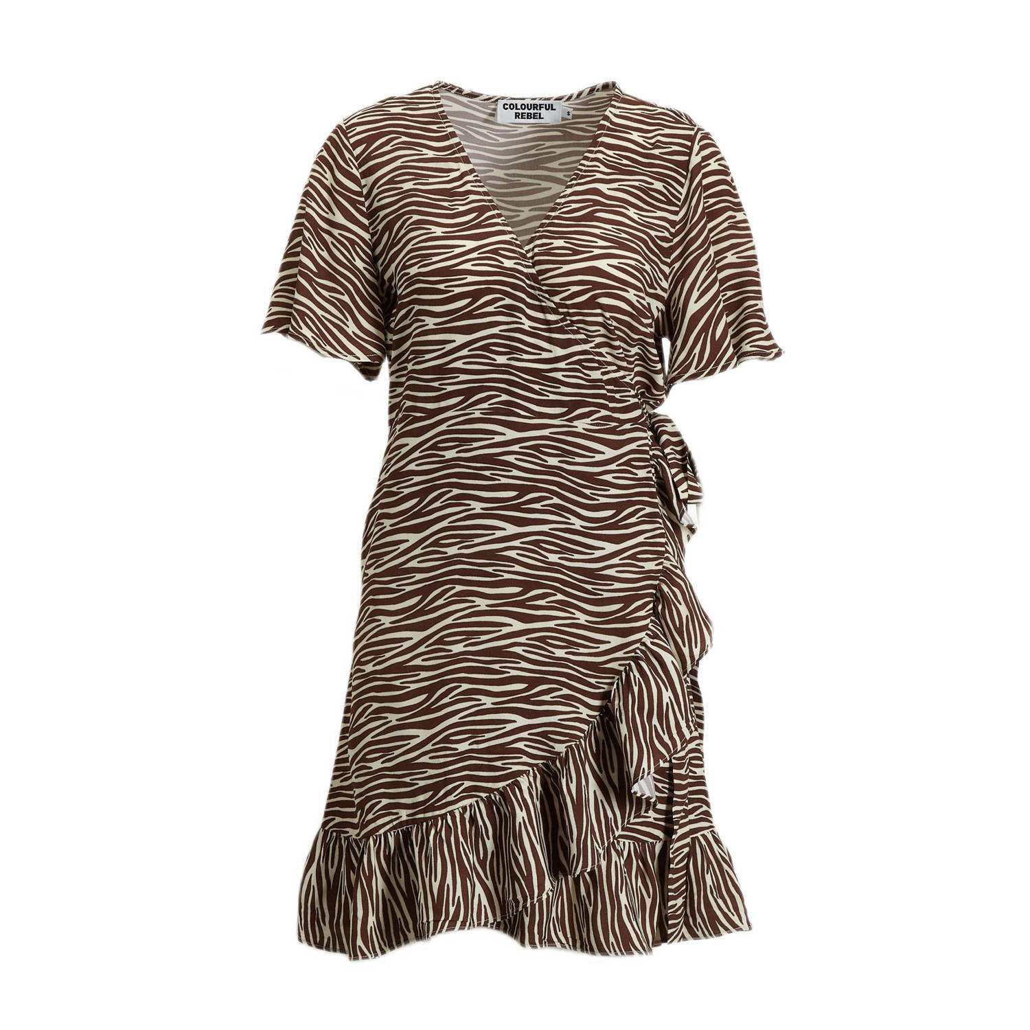 Colourful Rebel jurk Telsi met zebraprint en ruches bruin beige