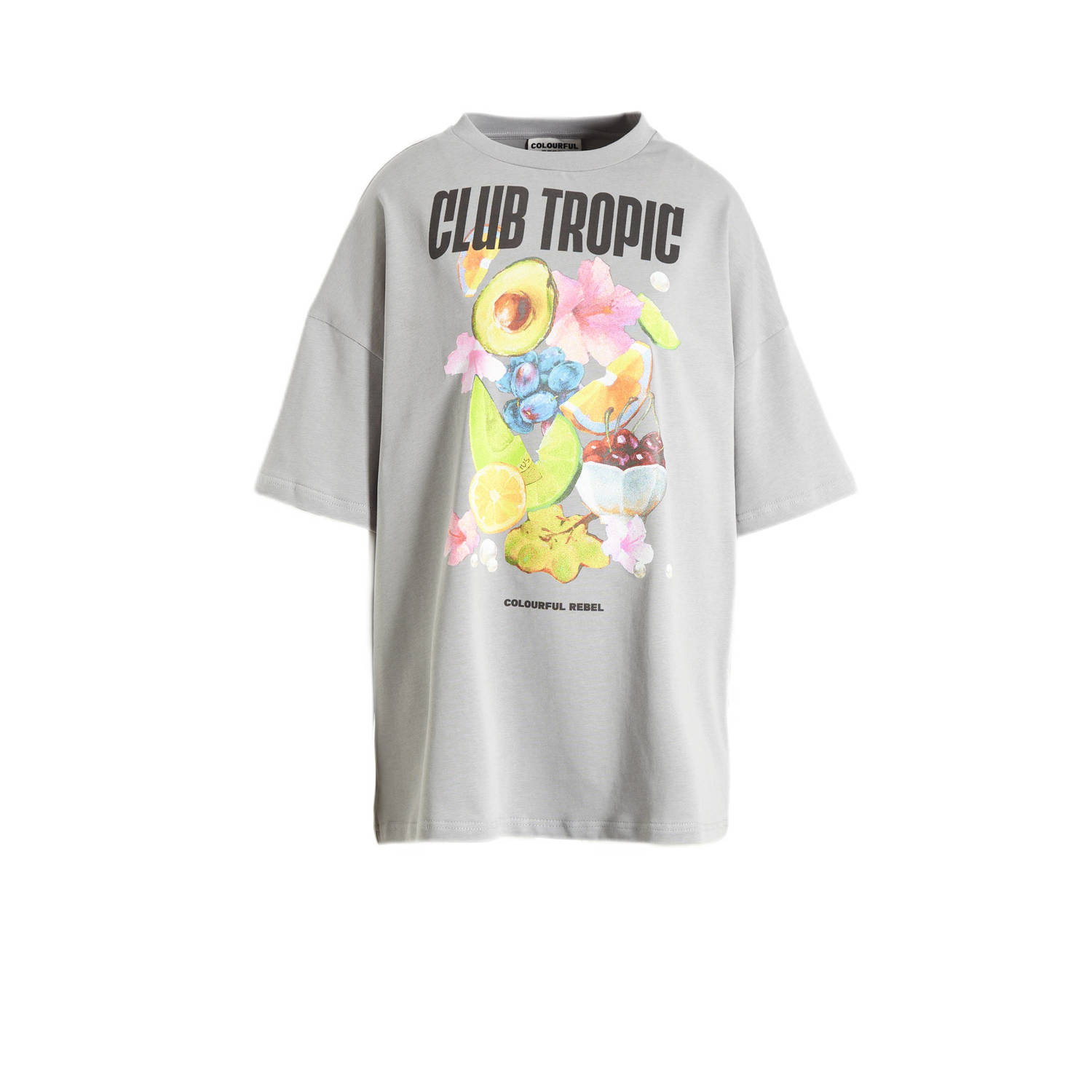 Colourful Rebel T-shirt Club Tropic met printopdruk lichtgrijs