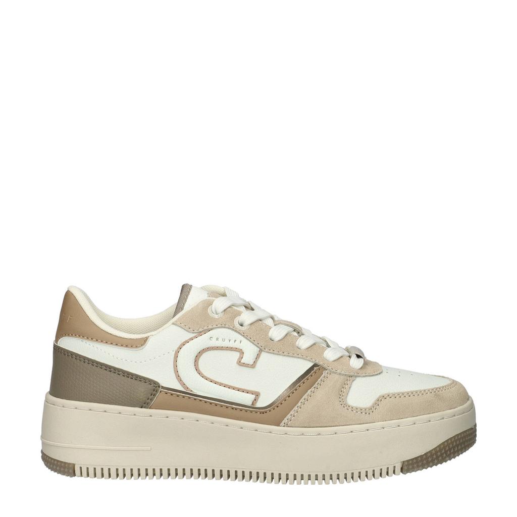 Beige en witte dames Cruyff Campo Low Lux sneakers van imitatieleer met veters