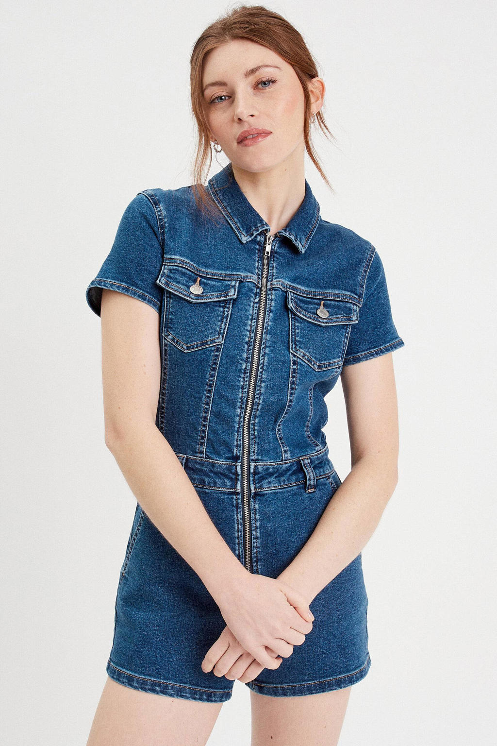 Dark blue denim dames Cache Cache playsuit van denim met effen, korte mouwen, klassieke kraag en ritssluiting