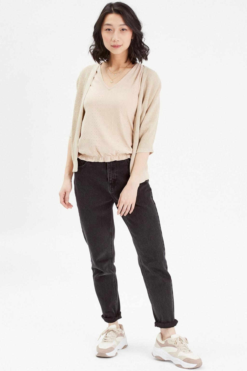 Beige dames Cache Cache gebreid vest van katoen met effen, driekwart mouwen en openvallende hals