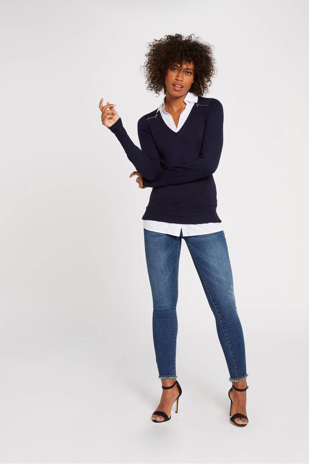 Marineblauw dames Morgan top van viscose met effen, lange mouwen, klassieke kraag en sierrits