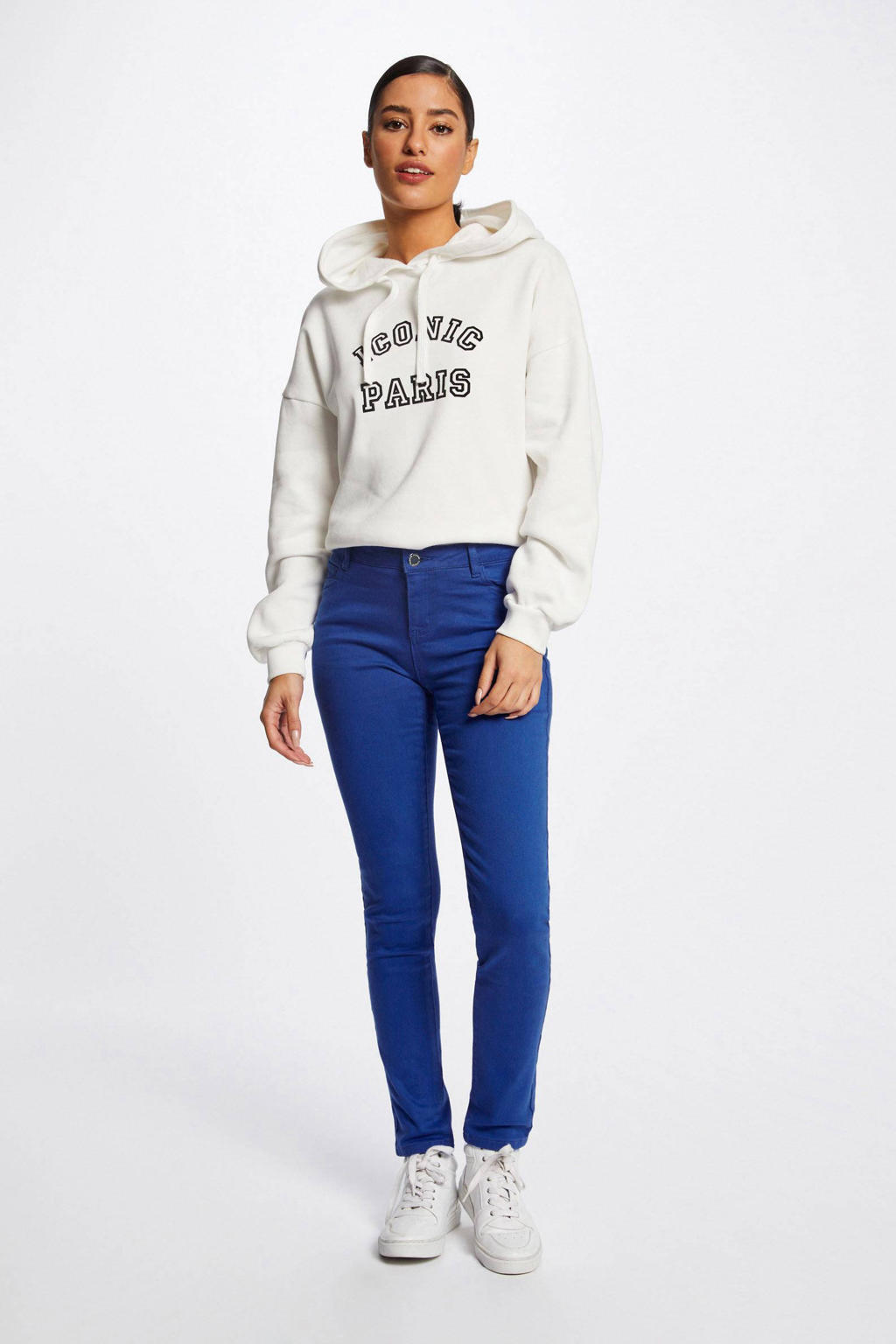 Lichtblauwe dames Morgan low waist skinny broek van stretchkatoen met rits- en knoopsluiting en effen
