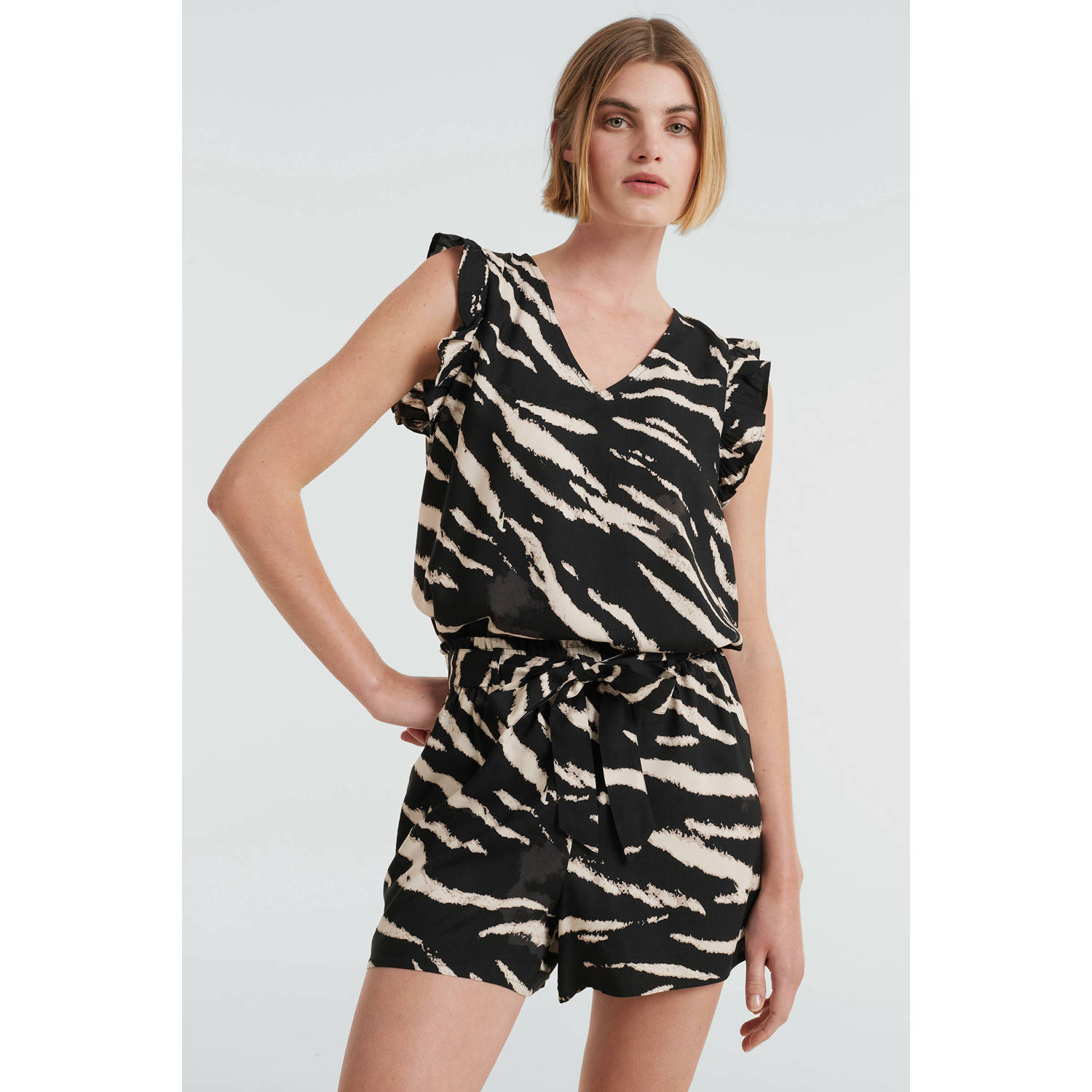 ONLY top ONLMINDY met zebraprint en ruches zwart beige