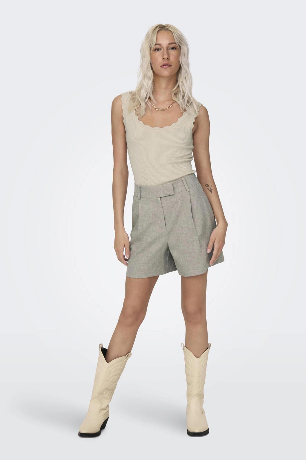 Grijze dames ONLY high waist wide leg short met rits, haak- en knoopsluiting