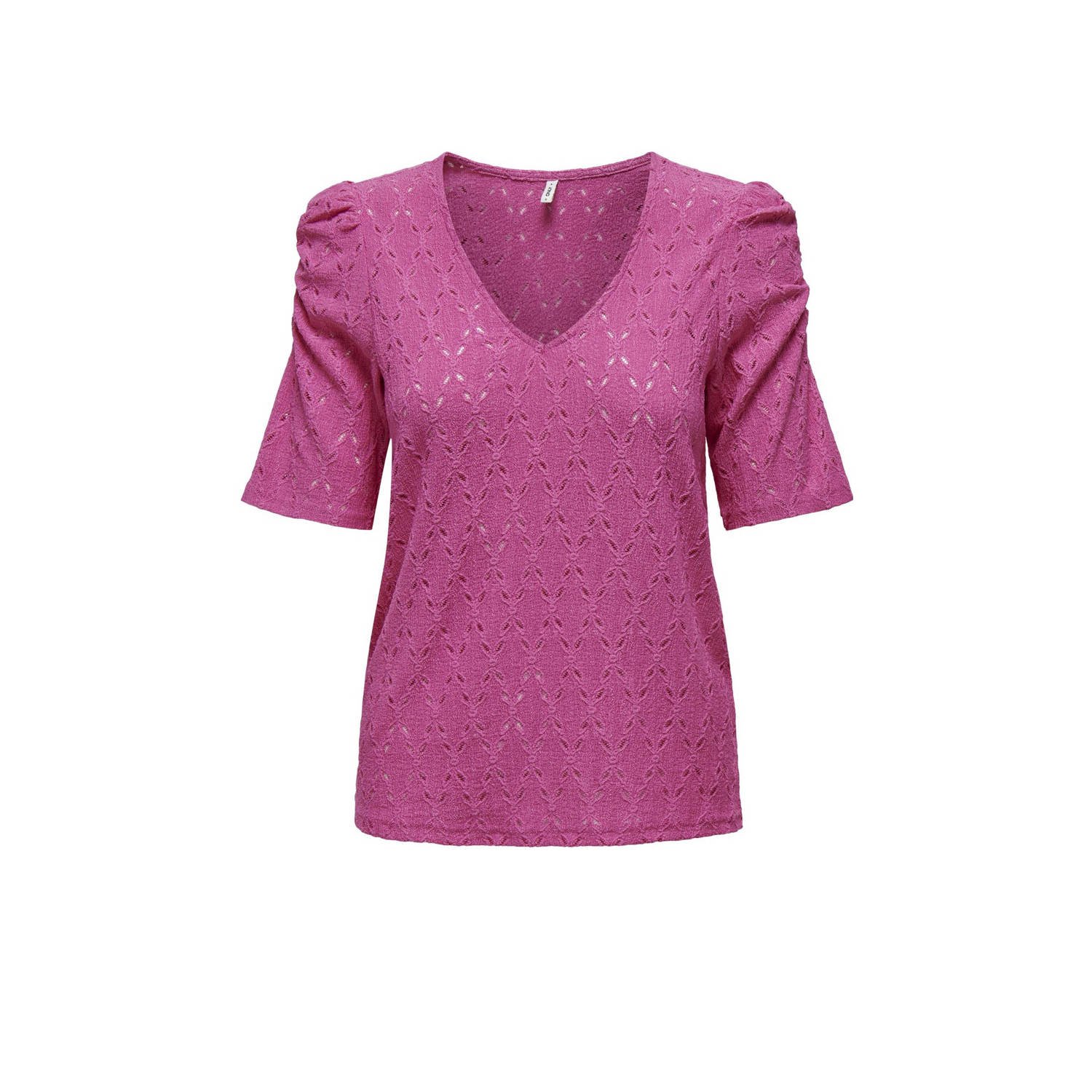 Only V-hals Puff Top in Raspberry Rose Pink Dames