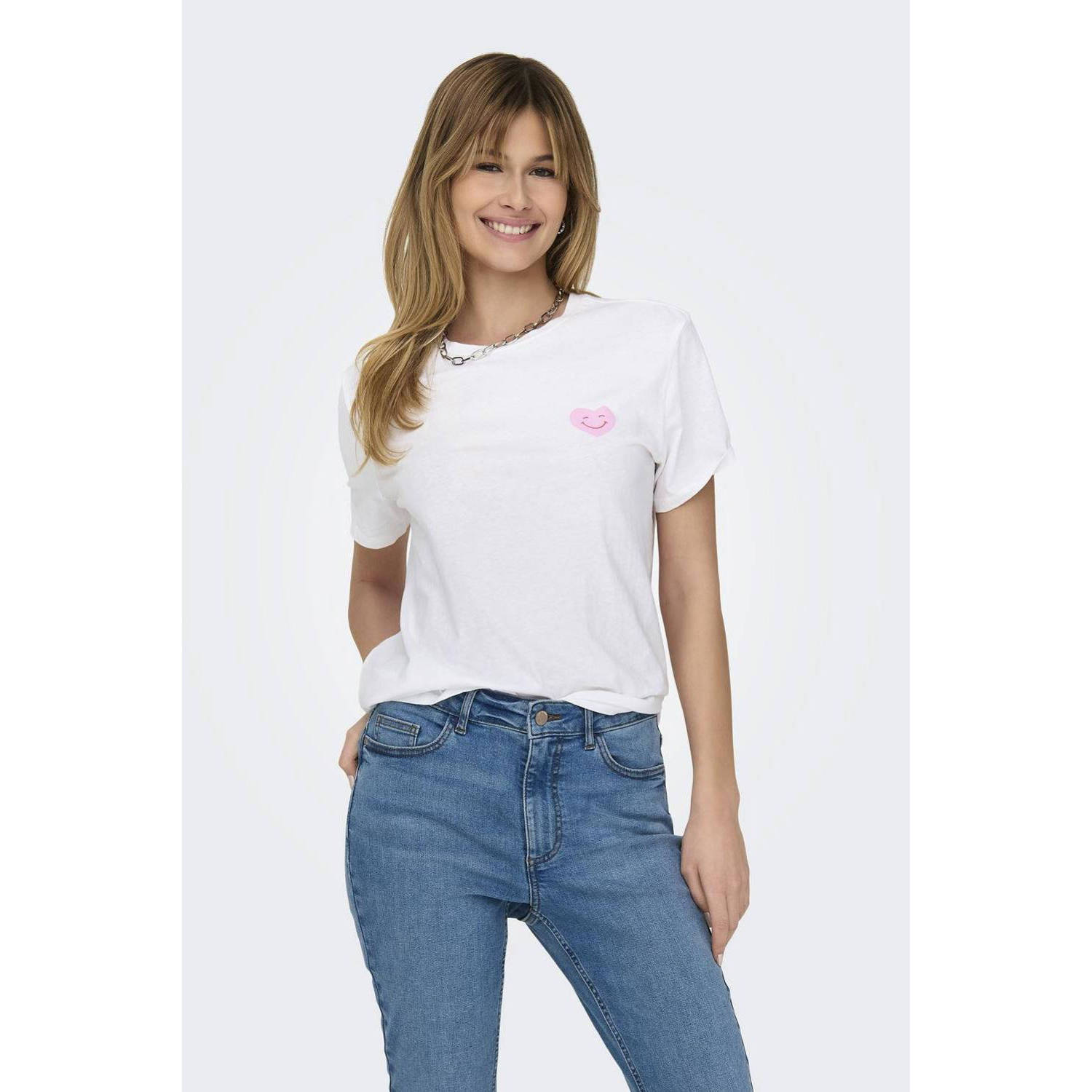 ONLY T-shirt ONLLUCIA met printopdruk wit roze