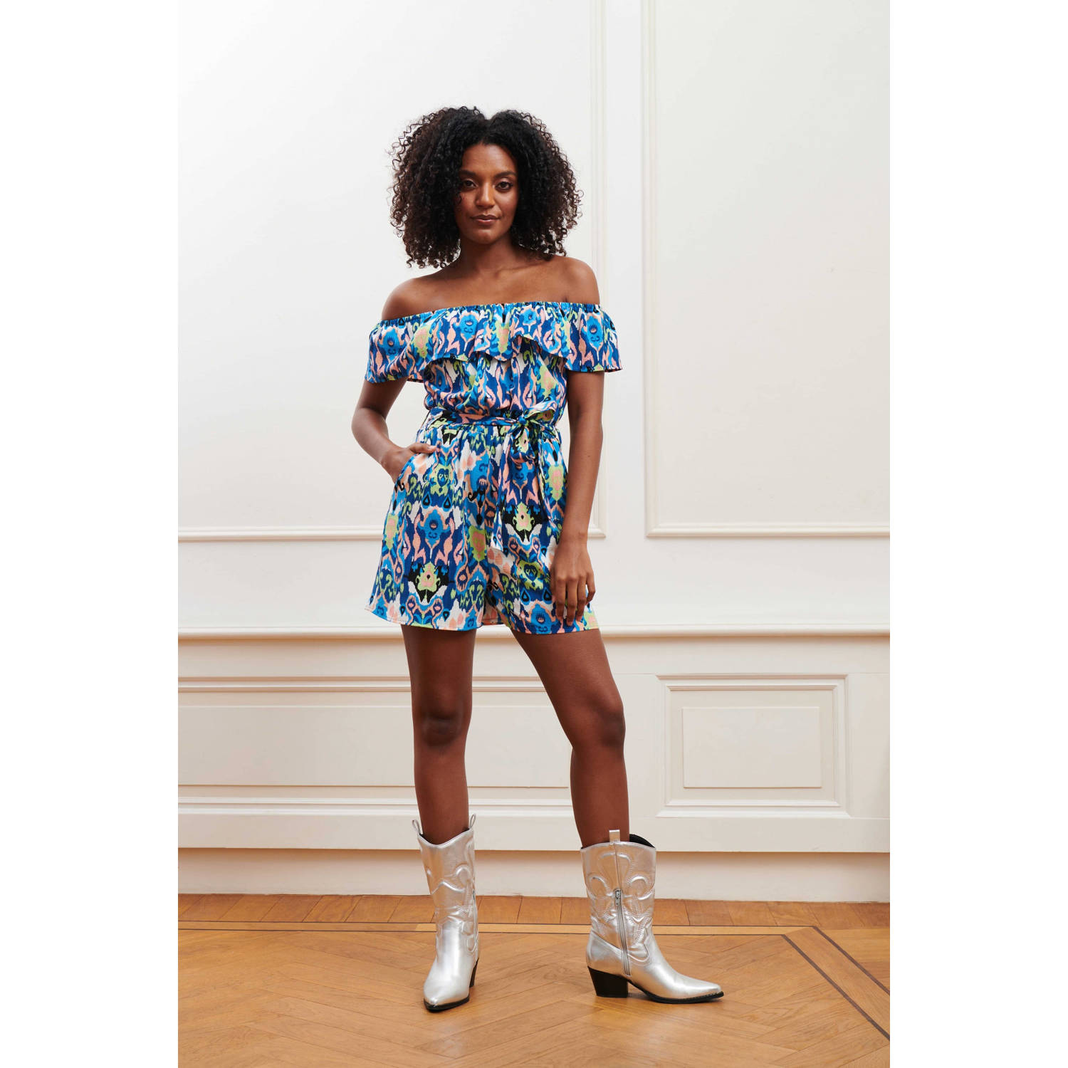 Lofty Manner off shoulder playsuit Bethany met all over print