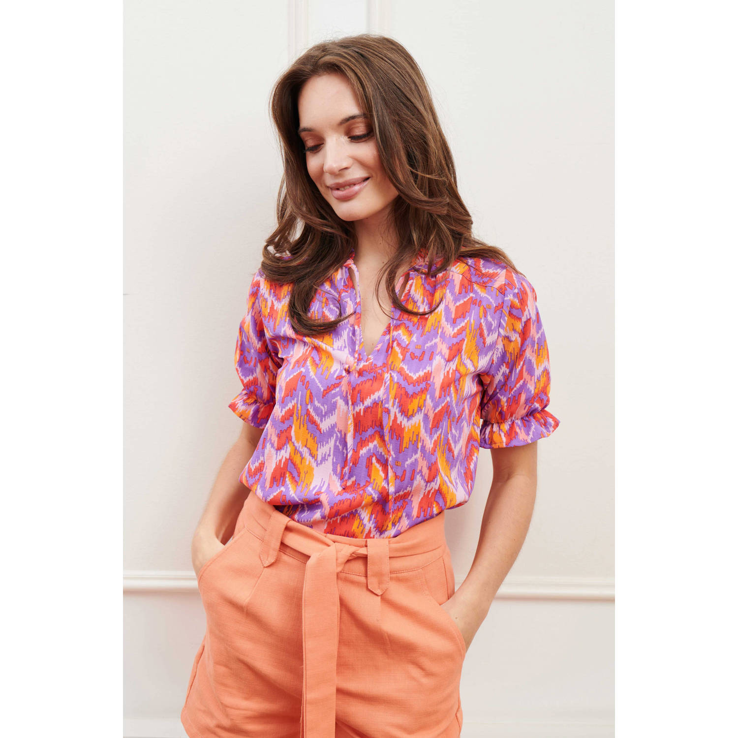 Lofty Manner blousetop met all over print Kaliyah paars rood oranje