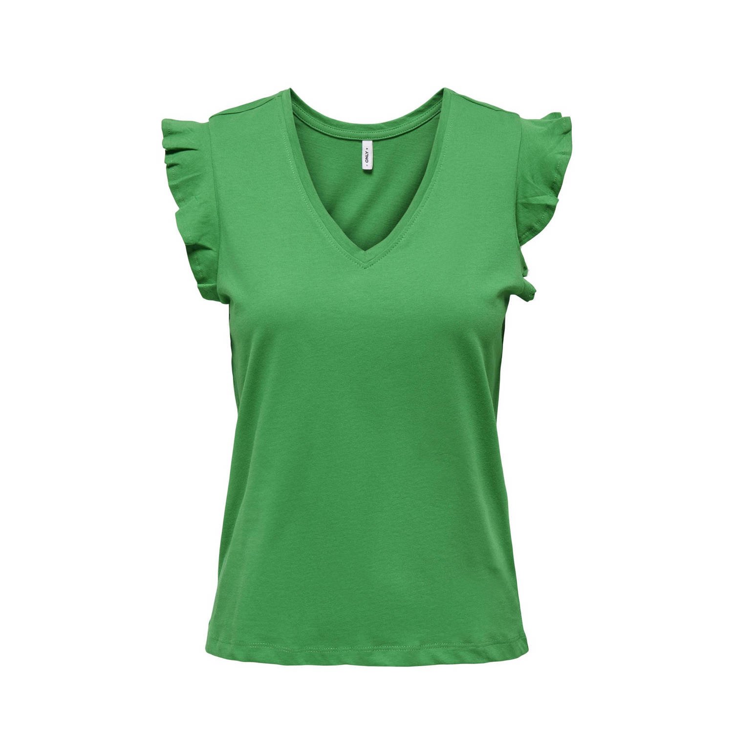 Only Frill V-Neck Korte Mouw T-Shirt Green Dames