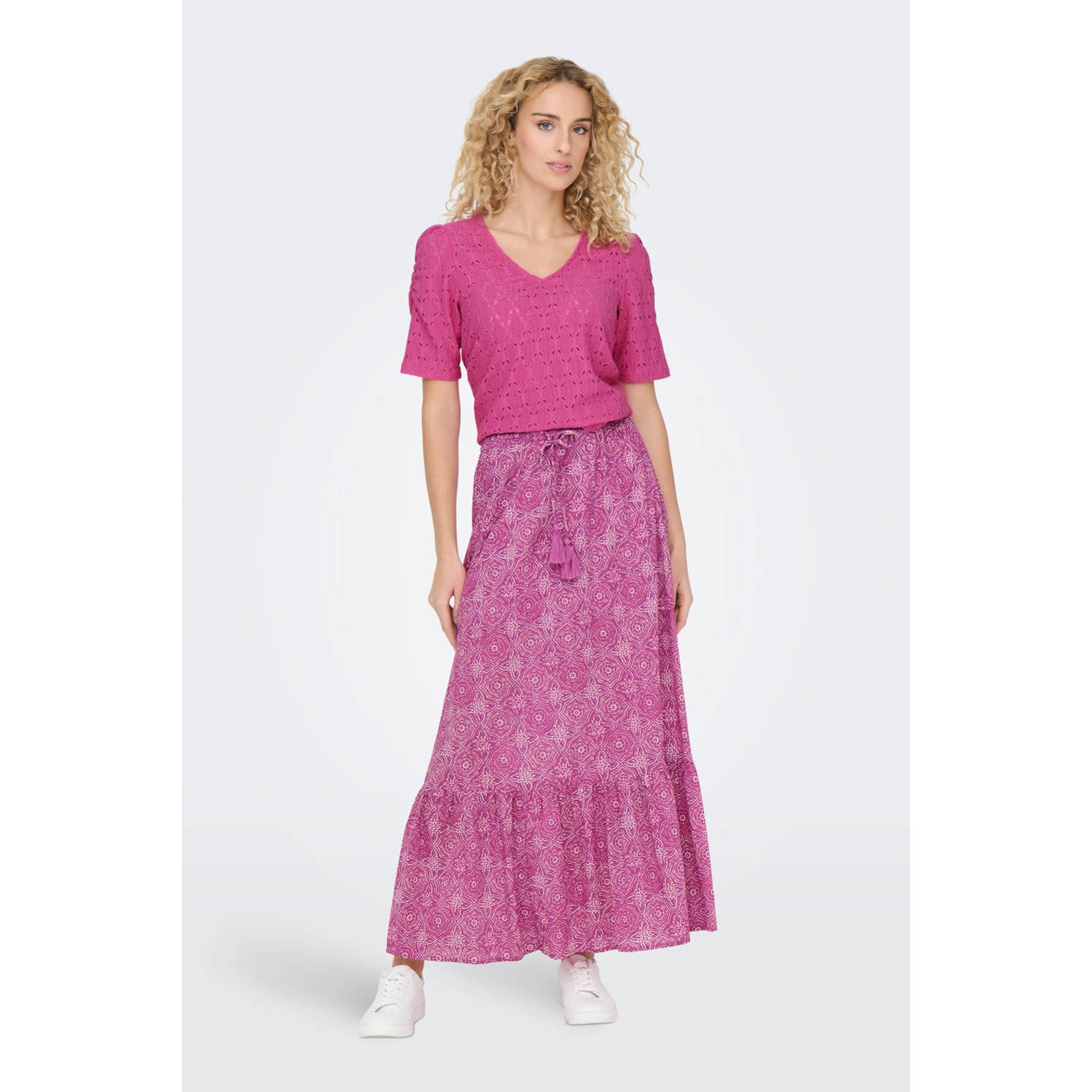 ONLY maxi rok ONLMILEY met all over print en volant roze paars