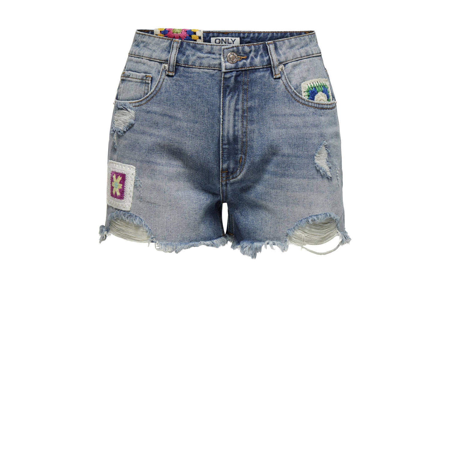 ONLY high waist regular fit crochet denim short met borduursels medium blue denim