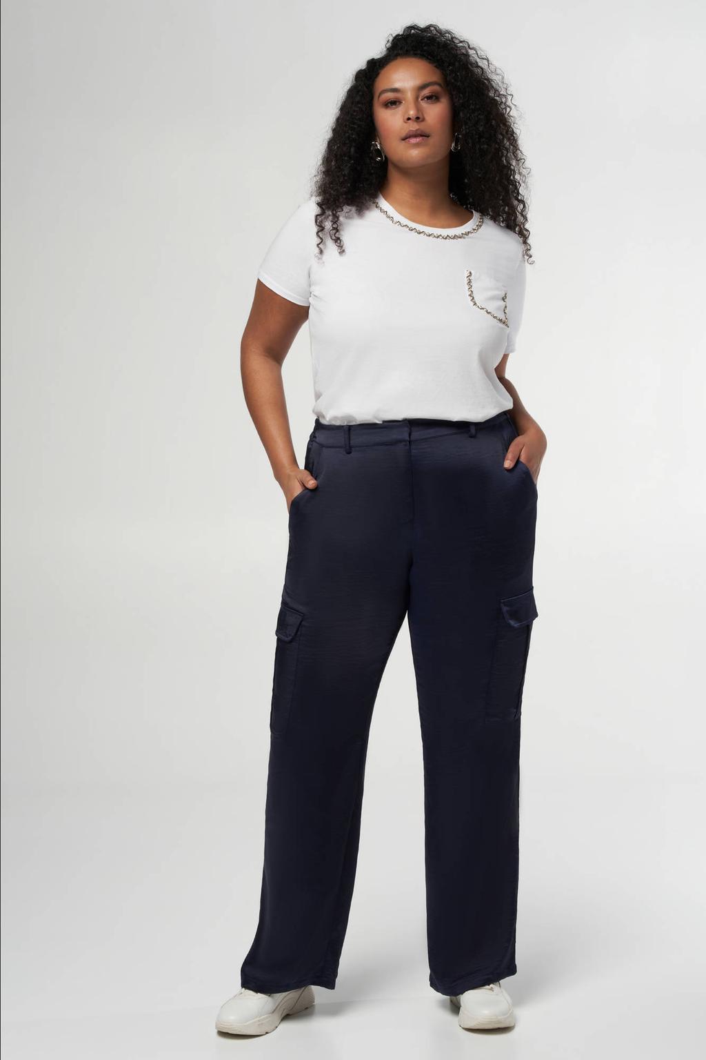 MS Mode satijnen high waist straight fit cargobroek marineblauw | wehkamp