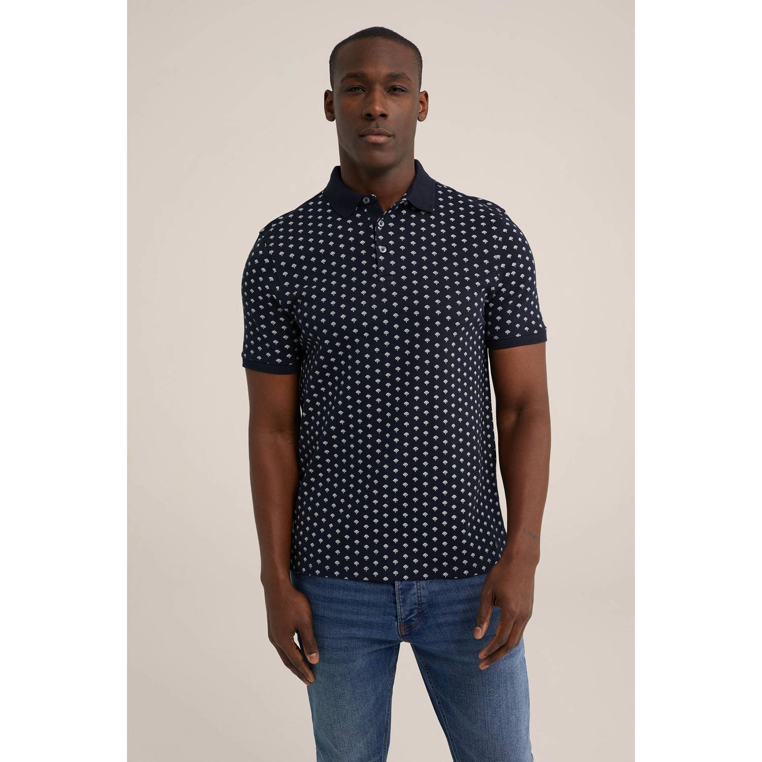WE Fashion slim fit polo met all over print heavy blue
