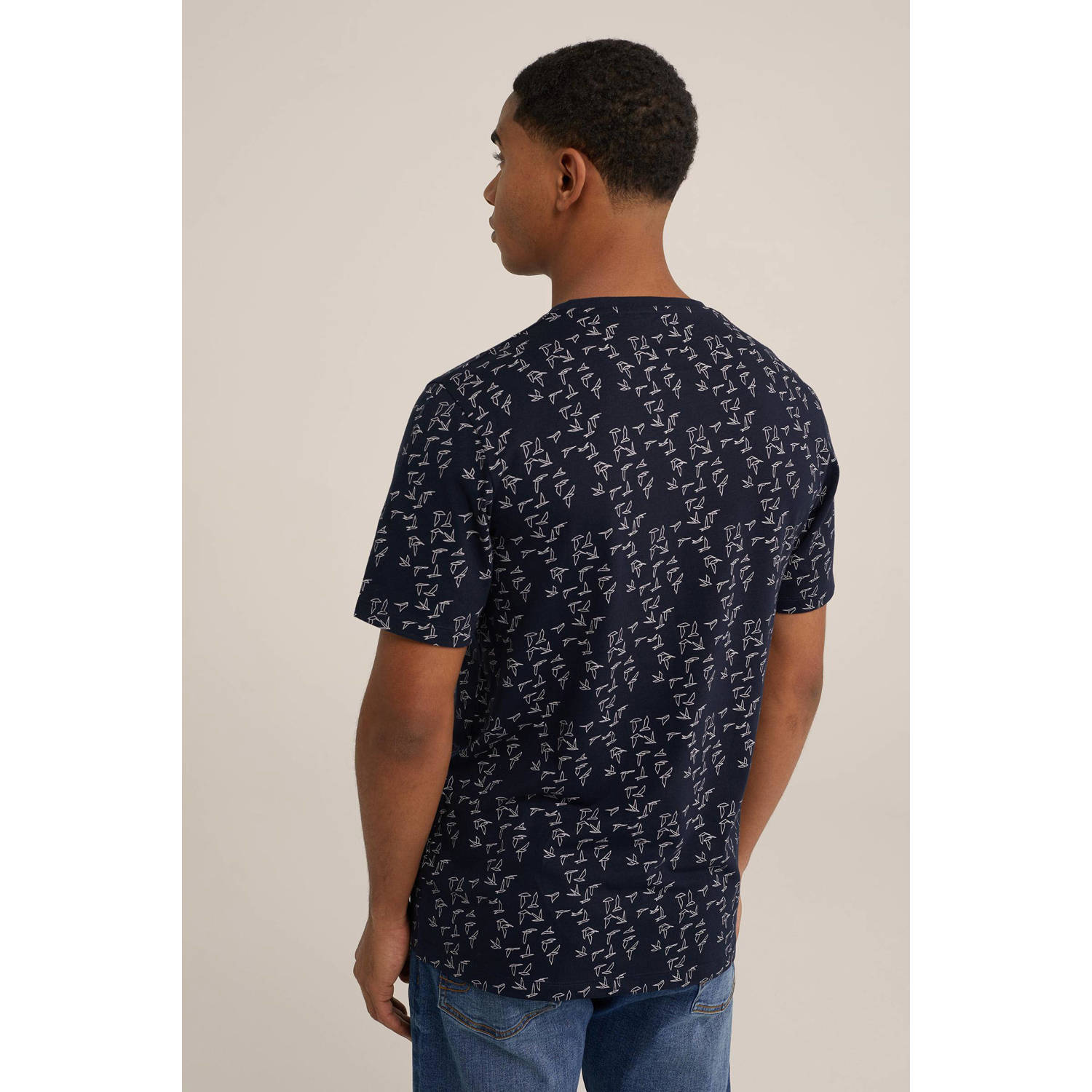WE Fashion slim fit T-shirt met all over print heavy blue