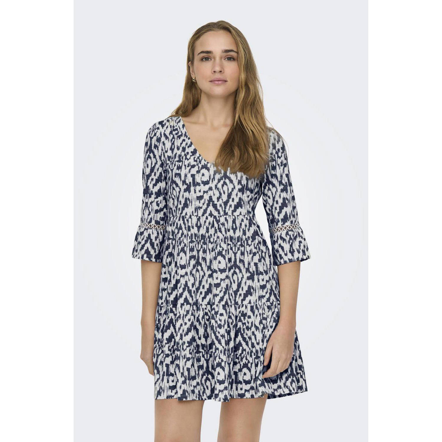 JDY trapeze jurk DORA met all over print en volant donkerblauw ecru